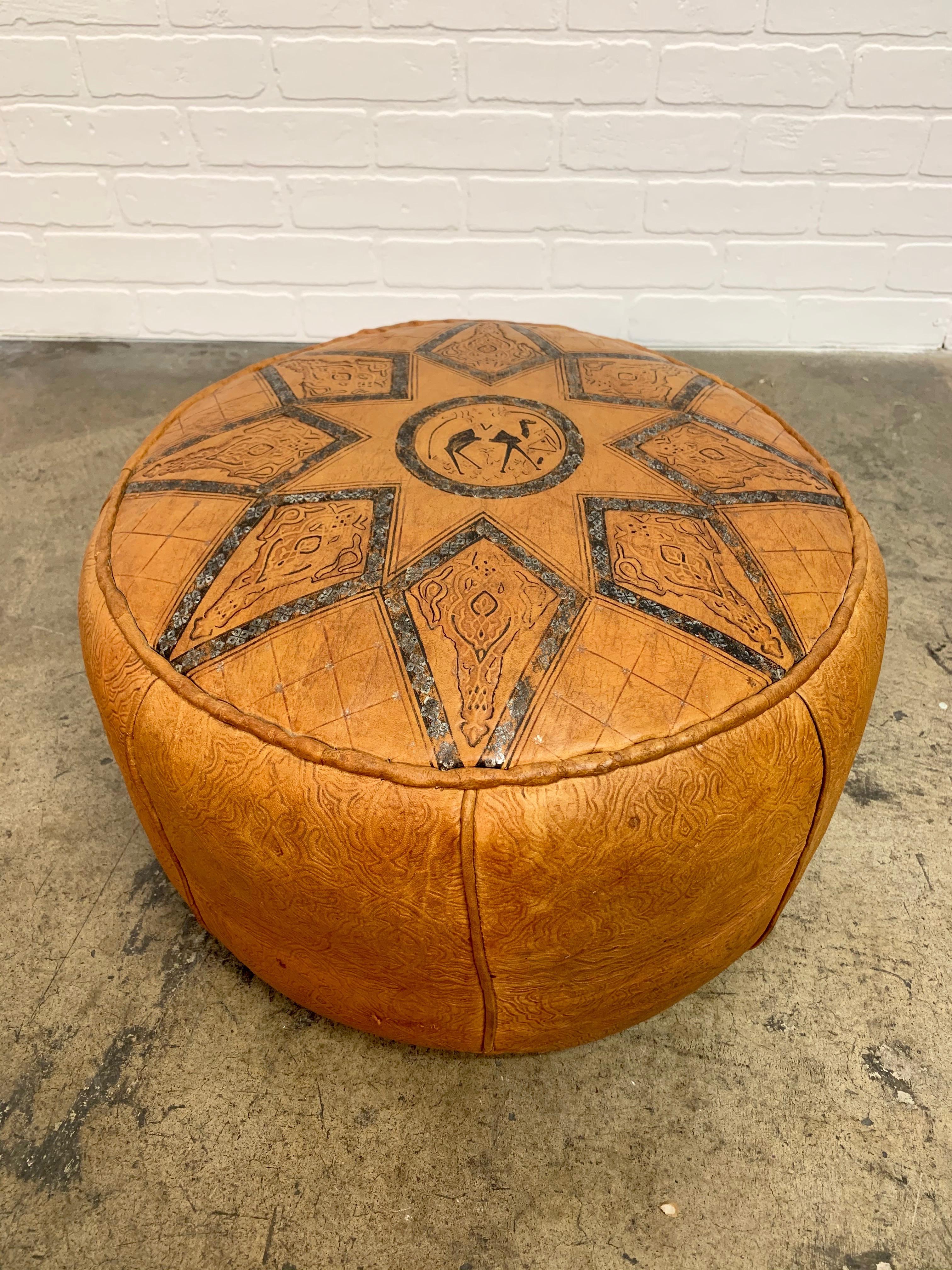 Vintage Hand Crafted Leather Moroccan Footstool from Les Oudaias In Good Condition In Denton, TX