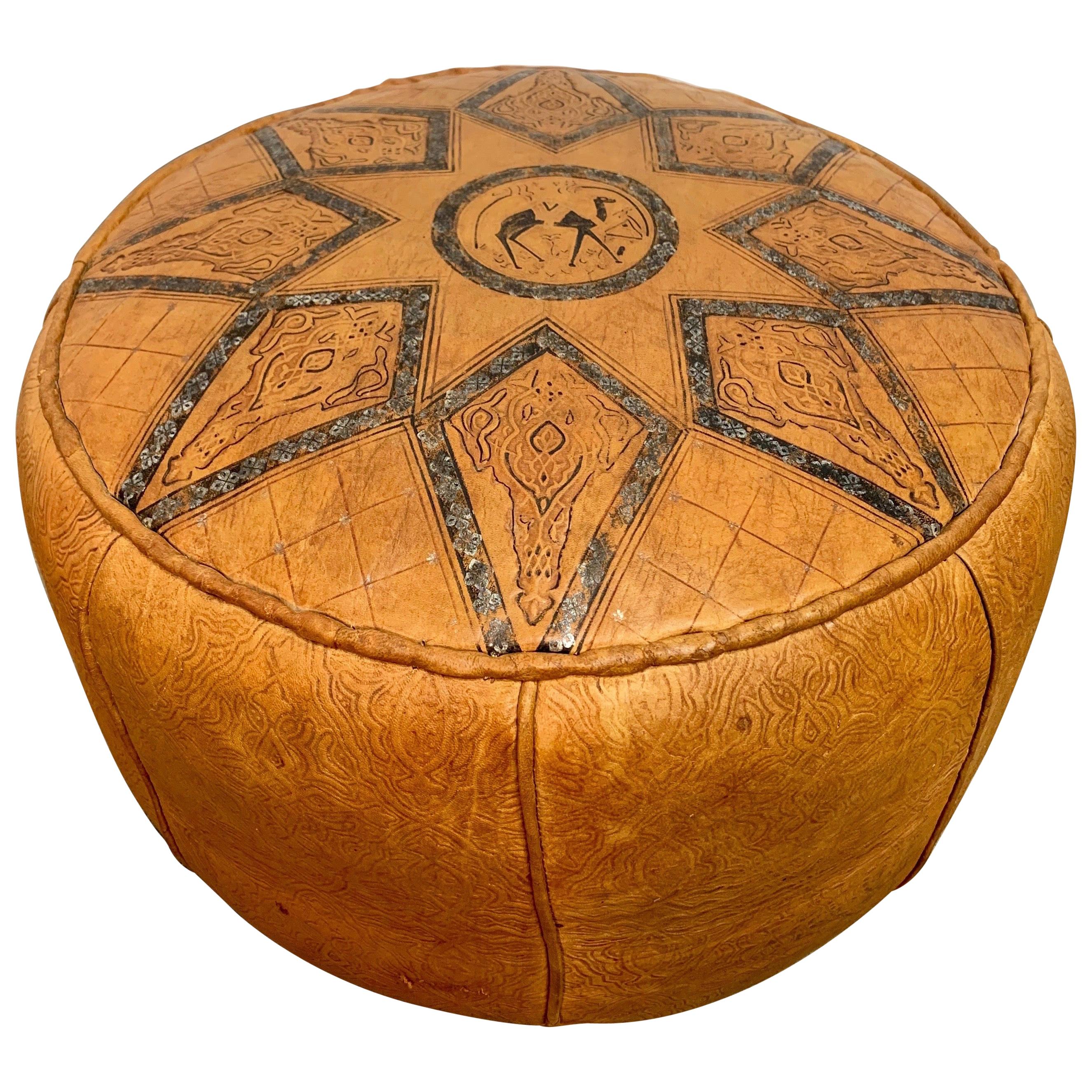 Vintage Hand Crafted Leather Moroccan Footstool from Les Oudaias