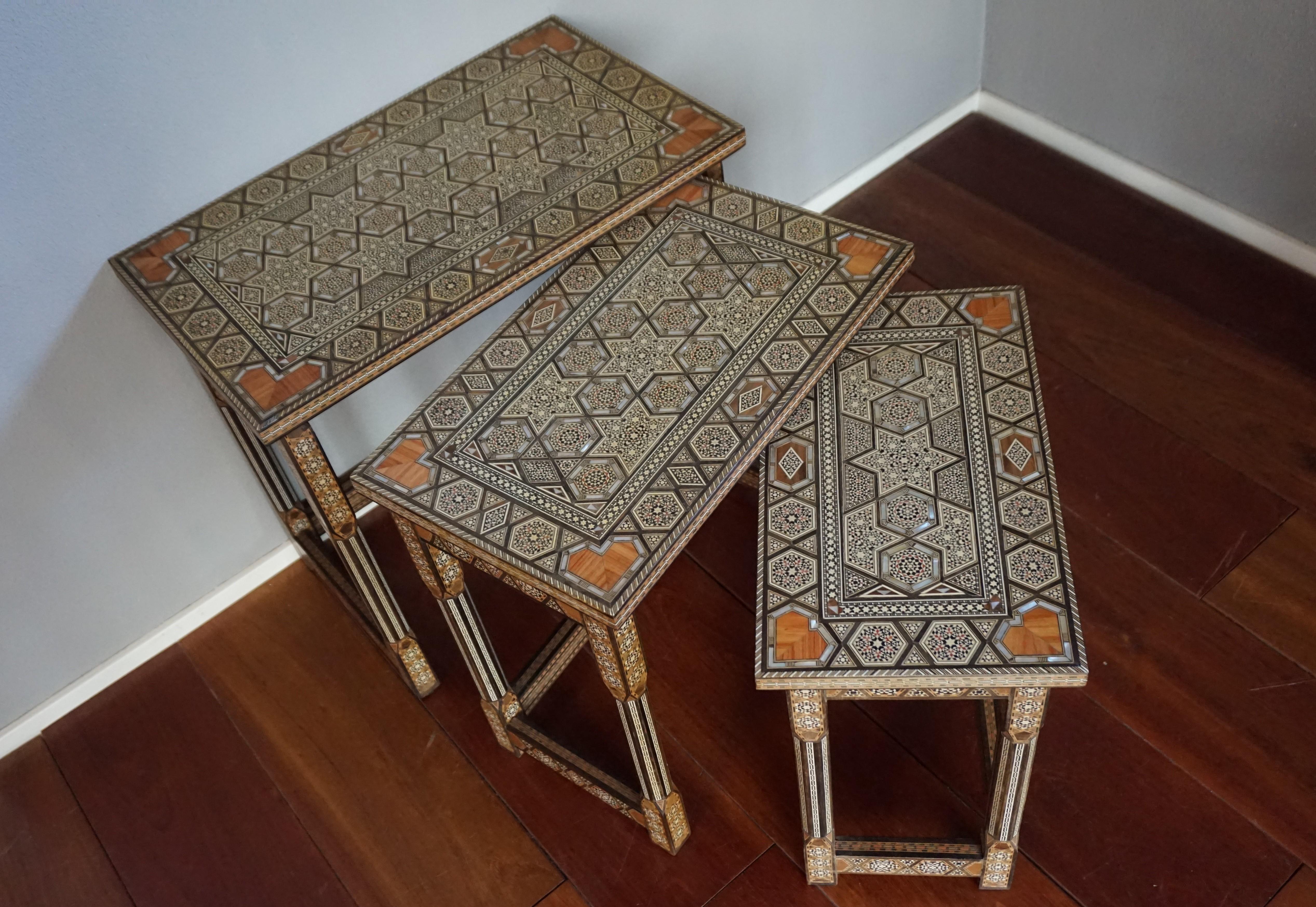 Rare and stunning set of Arabic stacking tables with inlaid Islamic patterns.

If you are looking for rare, beautiful, handcrafted, meaningful and highly decorative pieces to grace your home then these stacking tables could be perfect for you. This