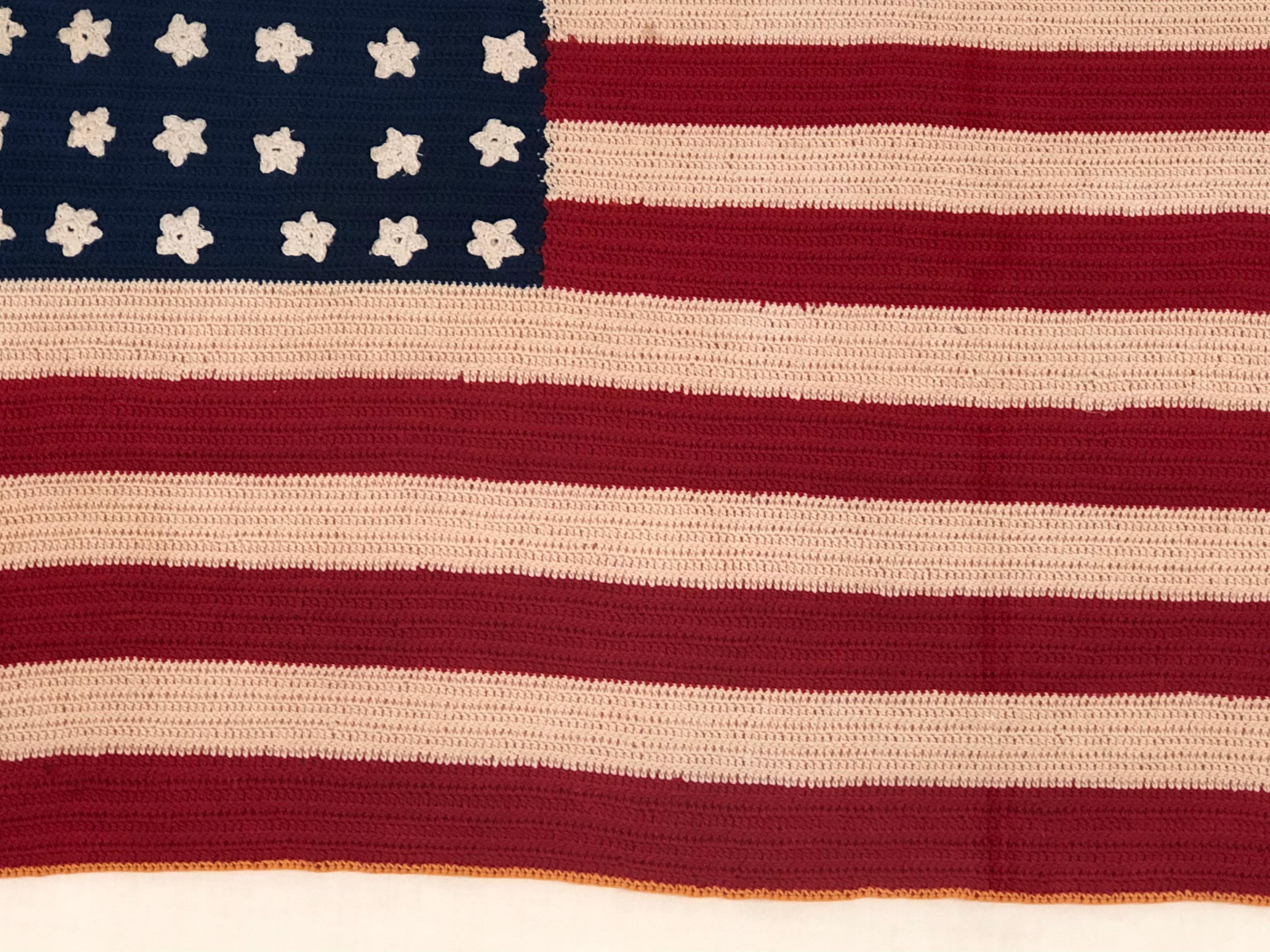 Vintage Hand Crocheted American Flag In Good Condition In Essex, MA