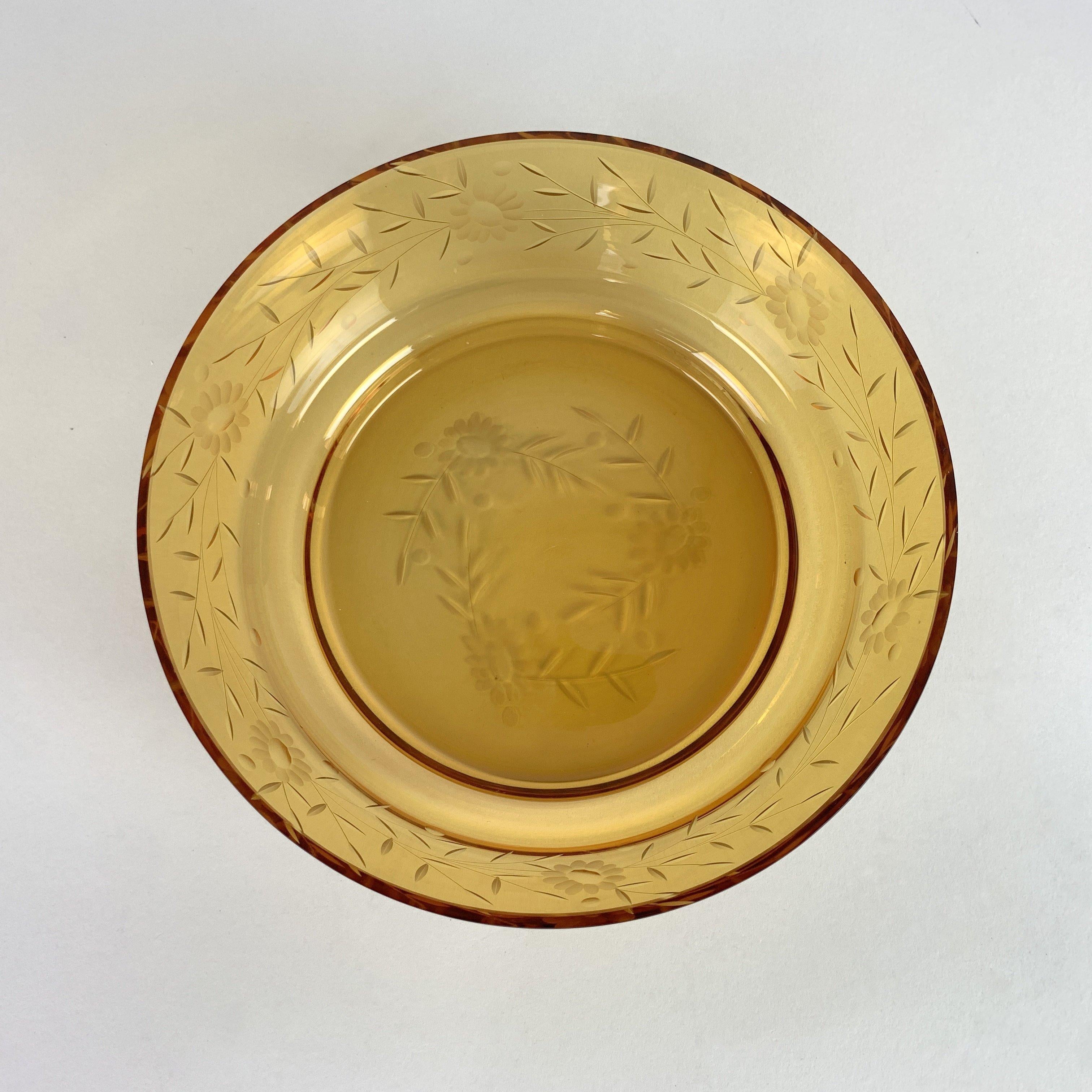 Czech Vintage handcut Amber Glass Bowl / Bohemian Handcut Glass For Sale
