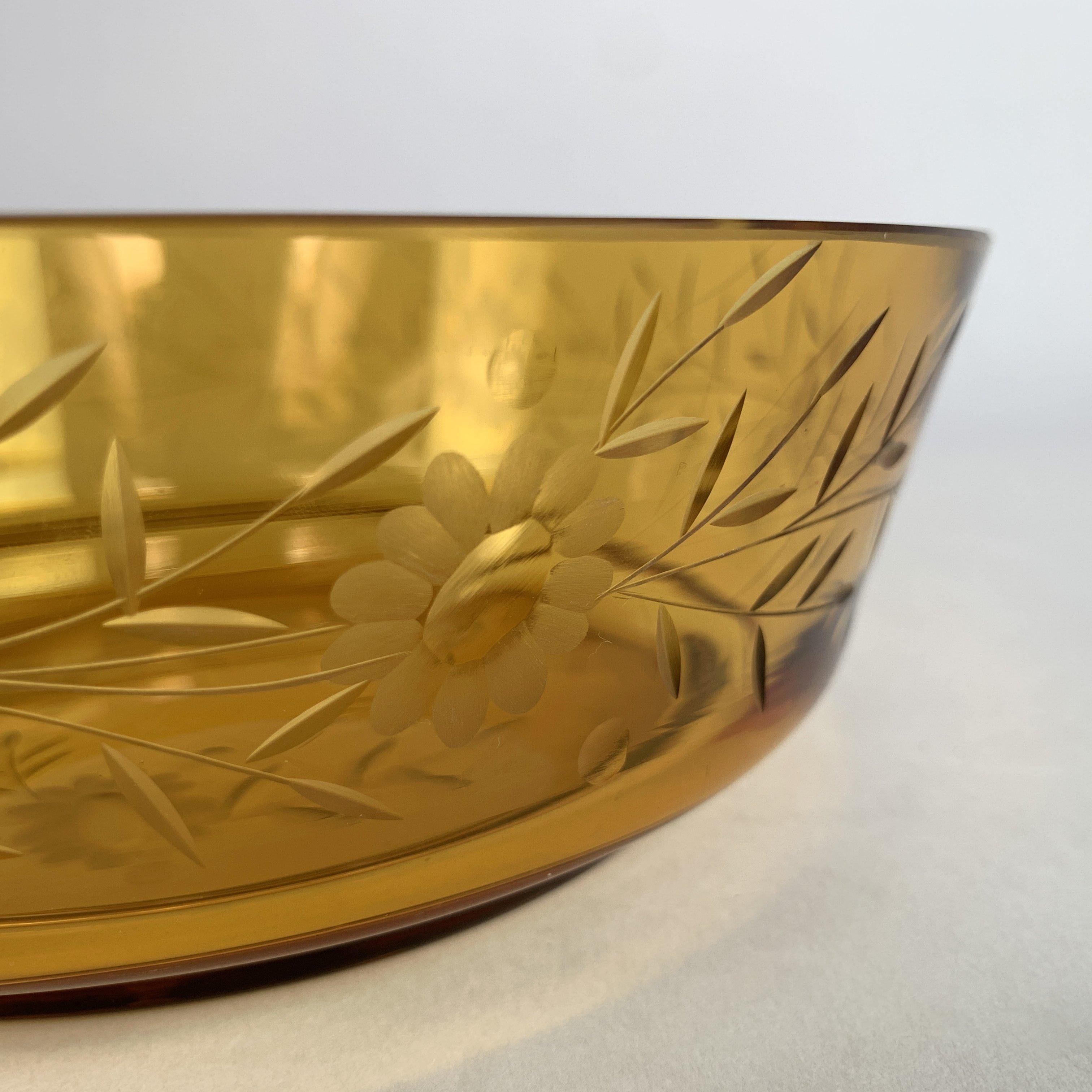 Vintage handcut Amber Glass Bowl / Bohemian Handcut Glass In Good Condition For Sale In Praha, CZ