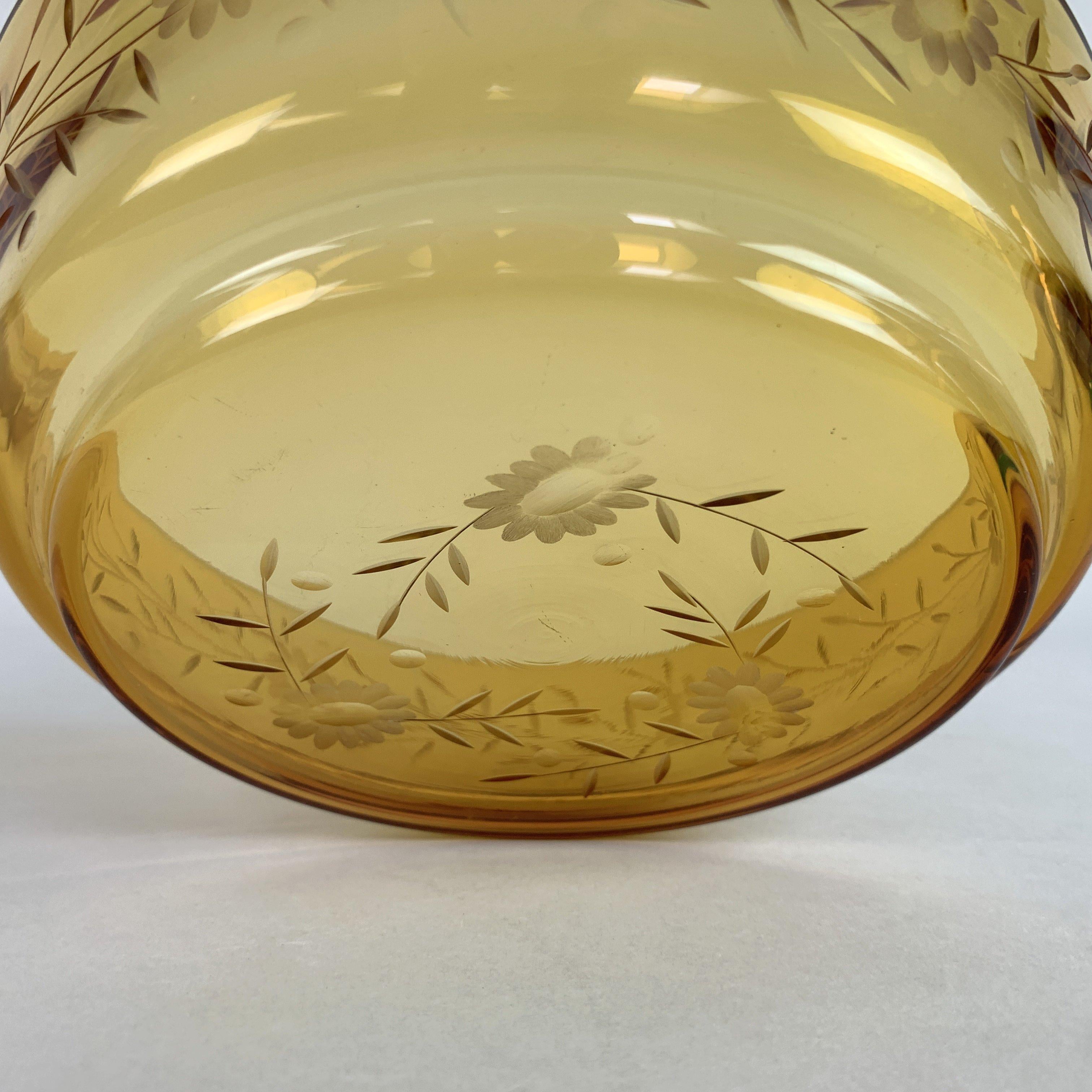 20th Century Vintage handcut Amber Glass Bowl / Bohemian Handcut Glass For Sale