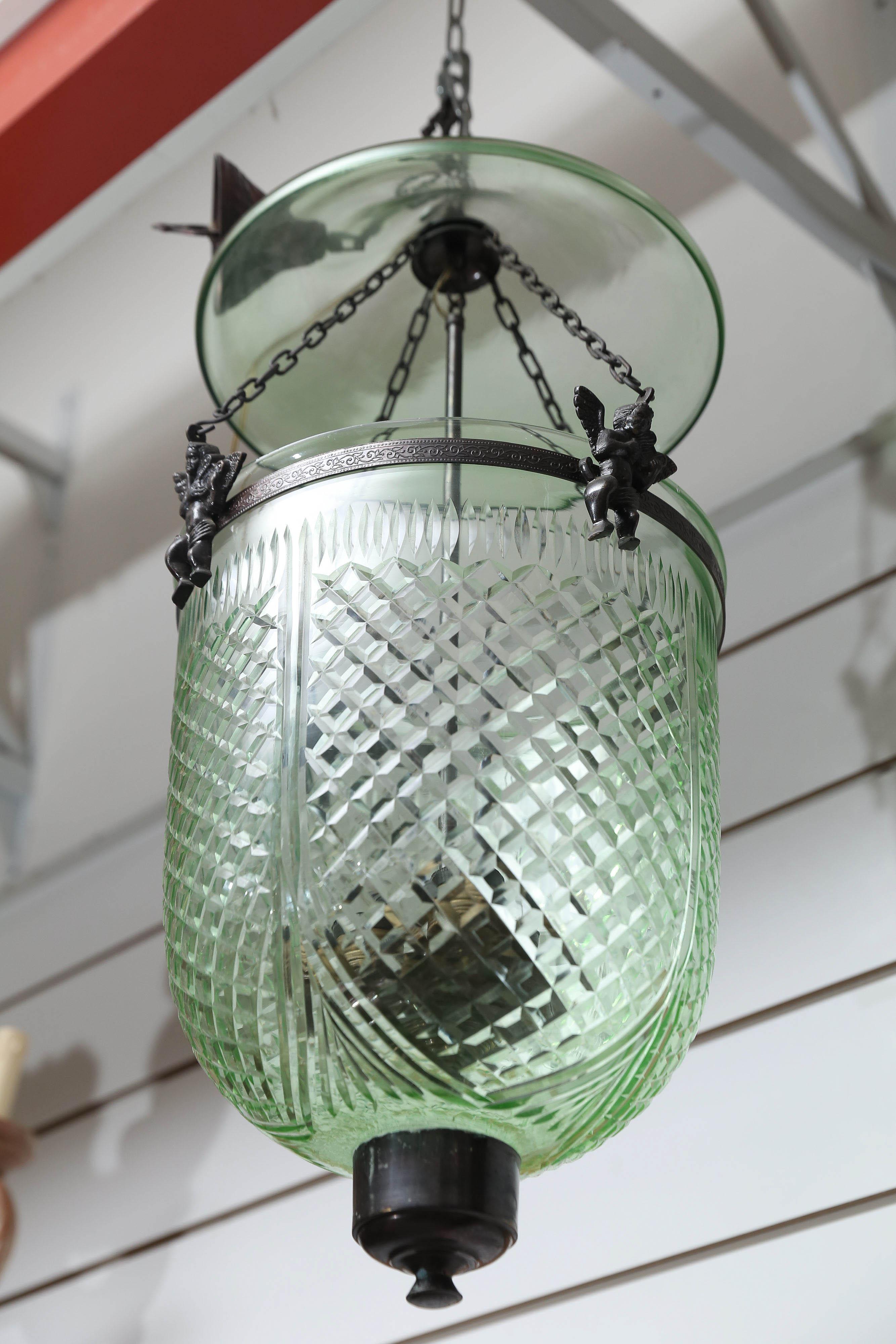 French Vintage Hand-Cut Green Colored Bell Jar Lantern with Smoke Screen