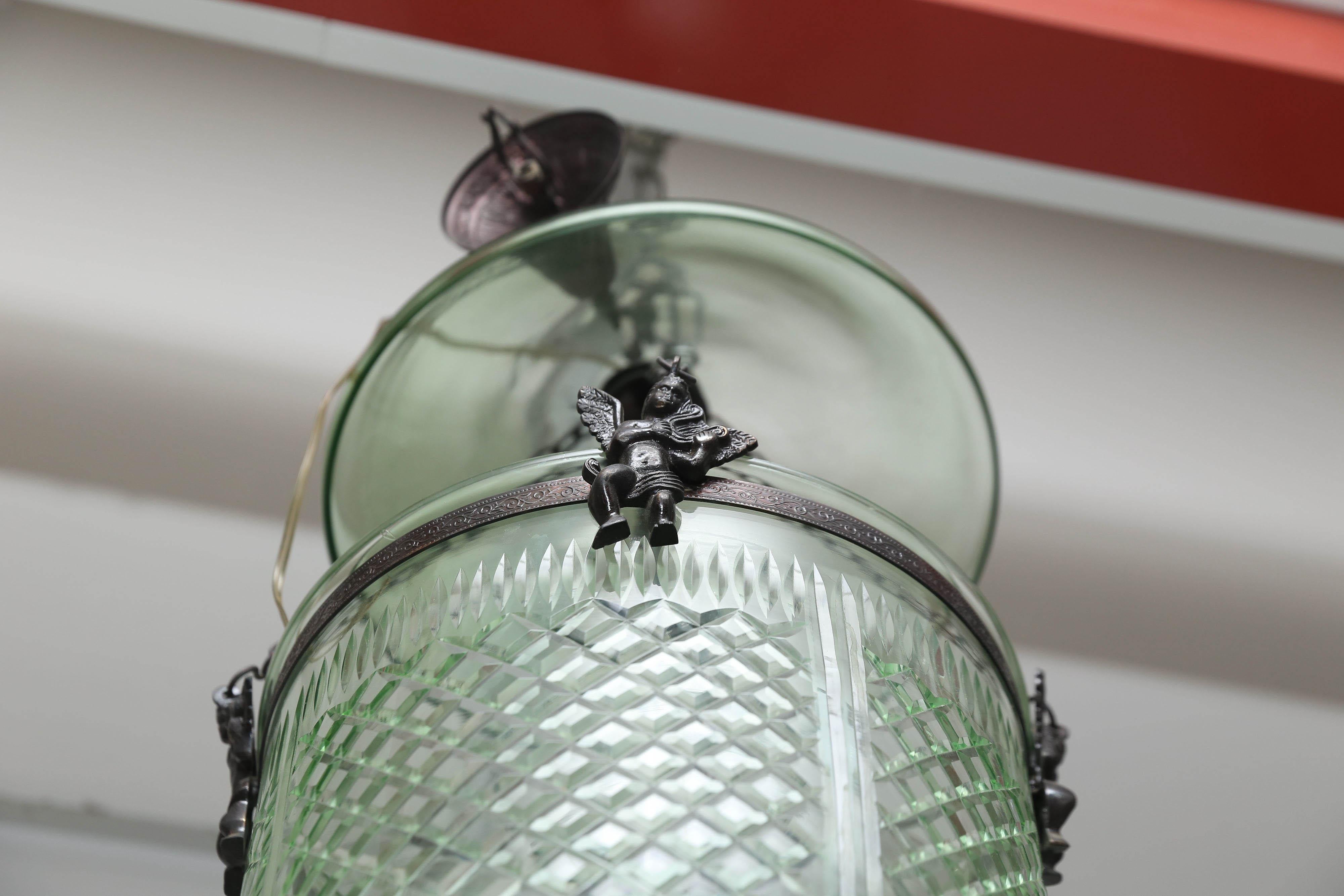 Hand-Crafted Vintage Hand-Cut Green Colored Bell Jar Lantern with Smoke Screen