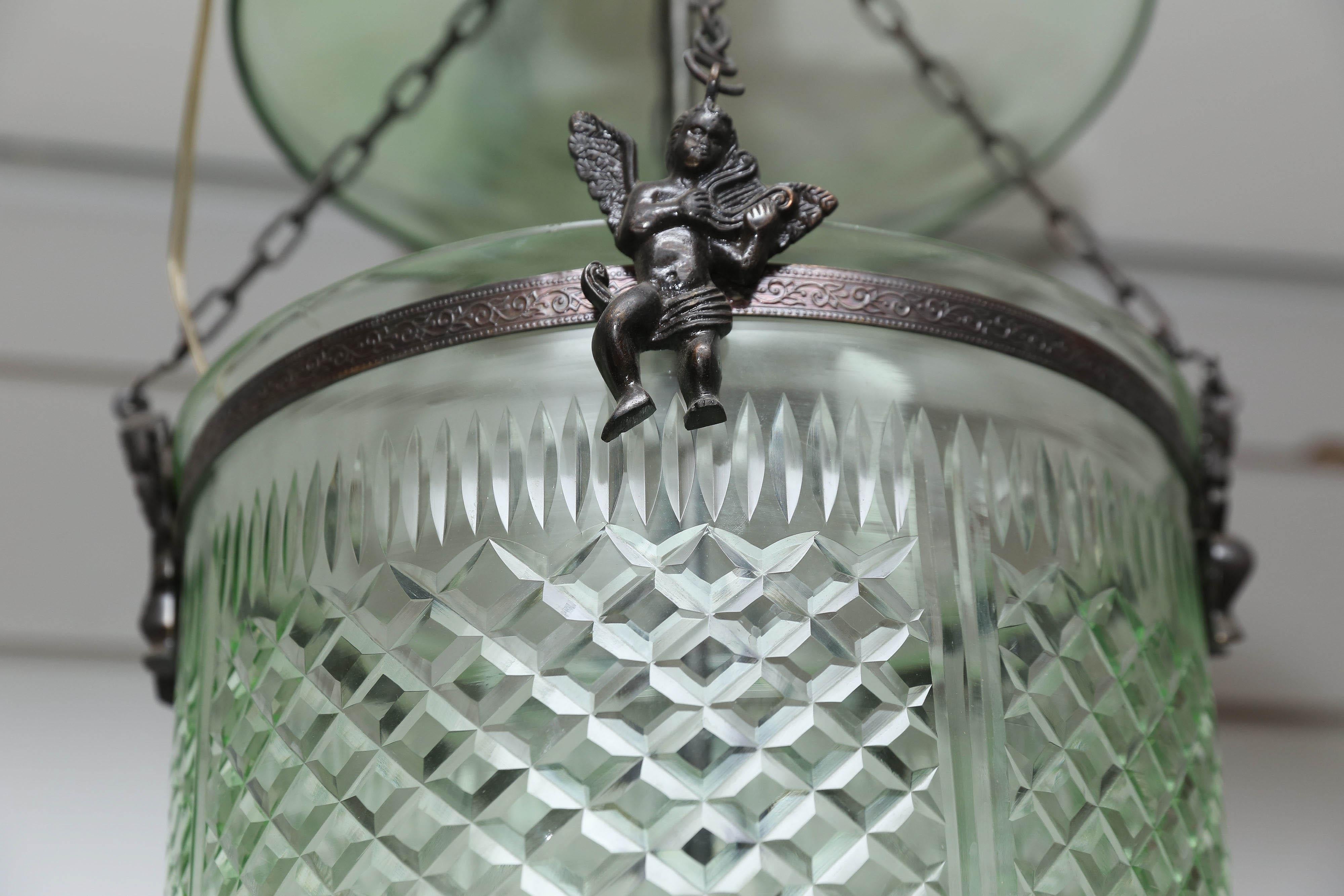 Vintage Hand-Cut Green Colored Bell Jar Lantern with Smoke Screen In Good Condition In Houston, TX