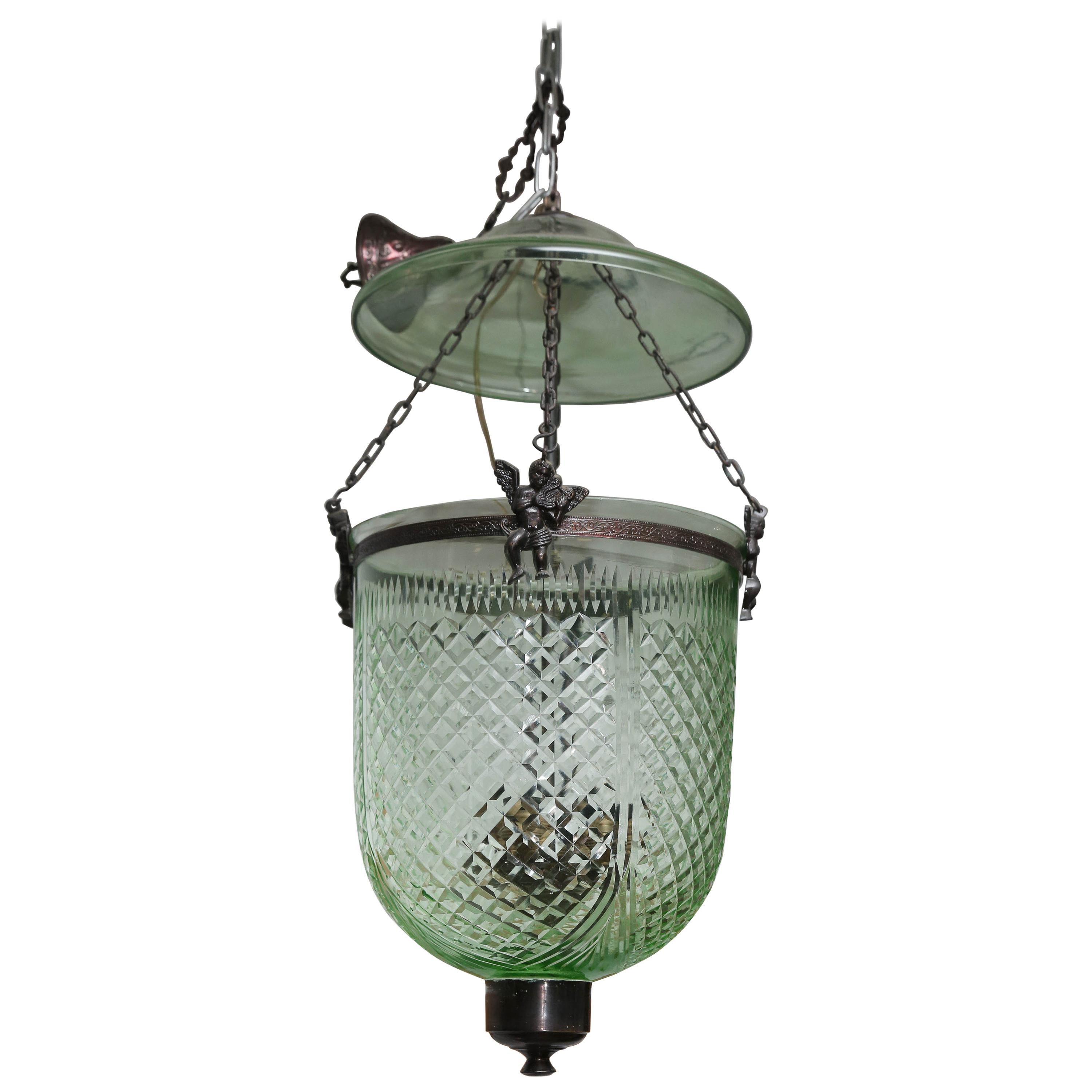 Vintage Hand-Cut Green Colored Bell Jar Lantern with Smoke Screen