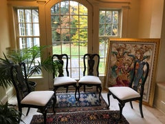 Vintage Hand-Decorated Black Chinoiserie Dining Chairs, Set of 4
