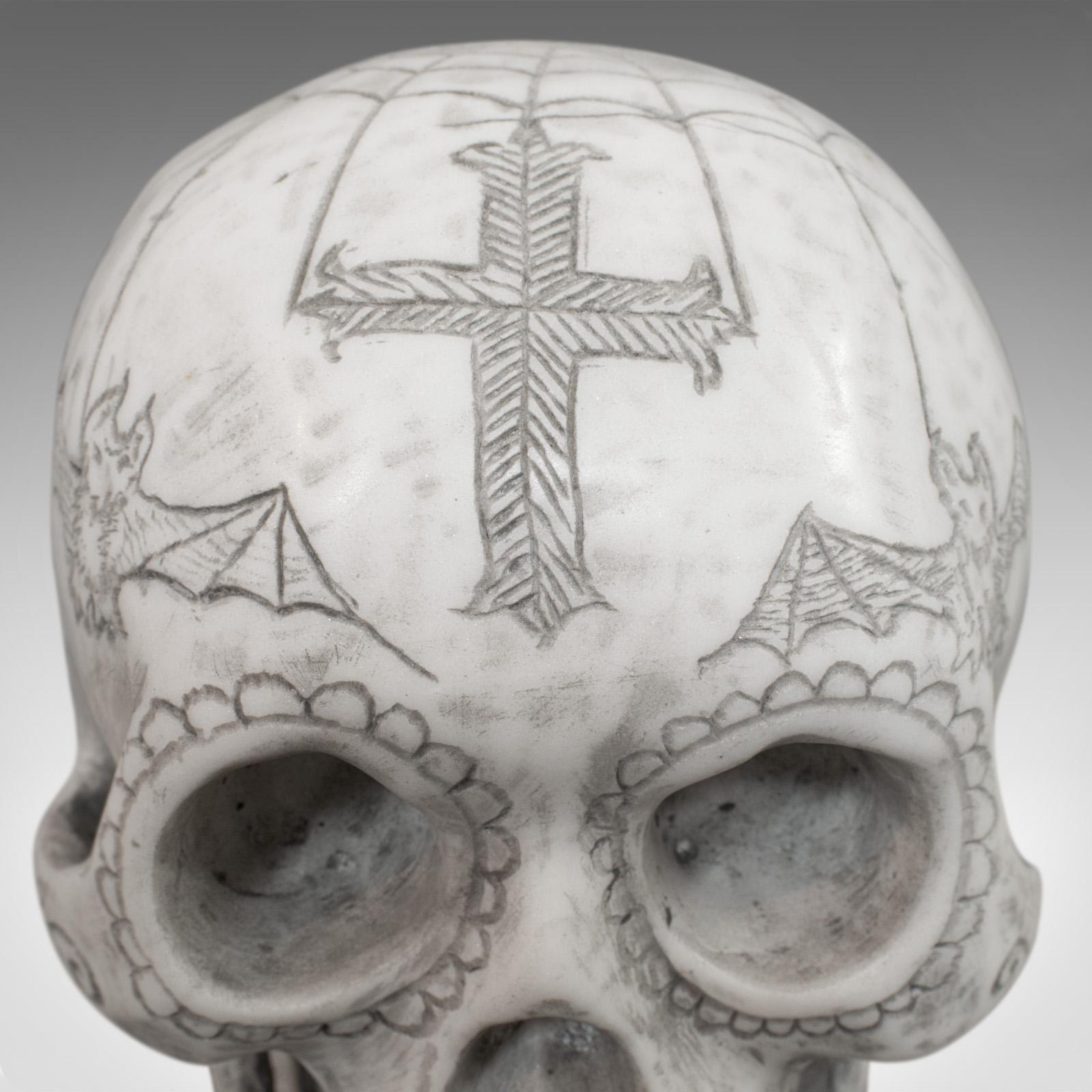 Vintage Hand Decorated Skull, English, Marble, Ornament, Paperweight, D. Hurley For Sale 6