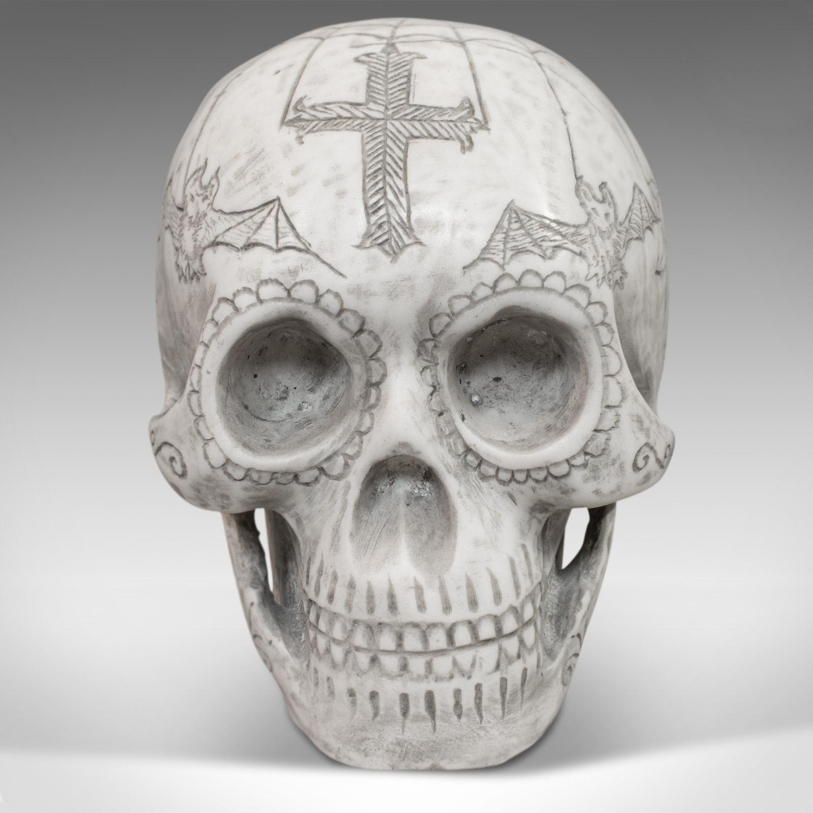 This is a vintage hand decorated skull. An English marble ornament or paperweight finished by Dominic Hurley, dating to the late 20th century.

One-off, unusual design 
Displays a desirable aged patina
Pleasingly reassuring weight of 11kg