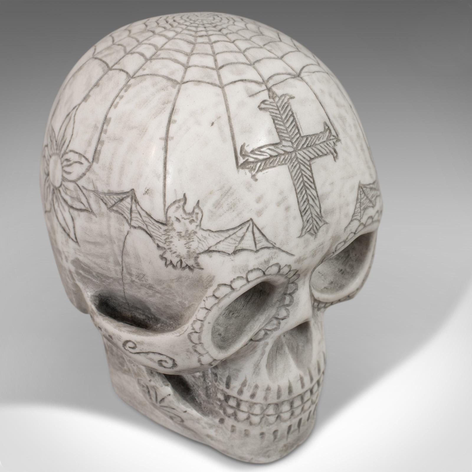Vintage Hand Decorated Skull, English, Marble, Ornament, Paperweight, D. Hurley For Sale 3