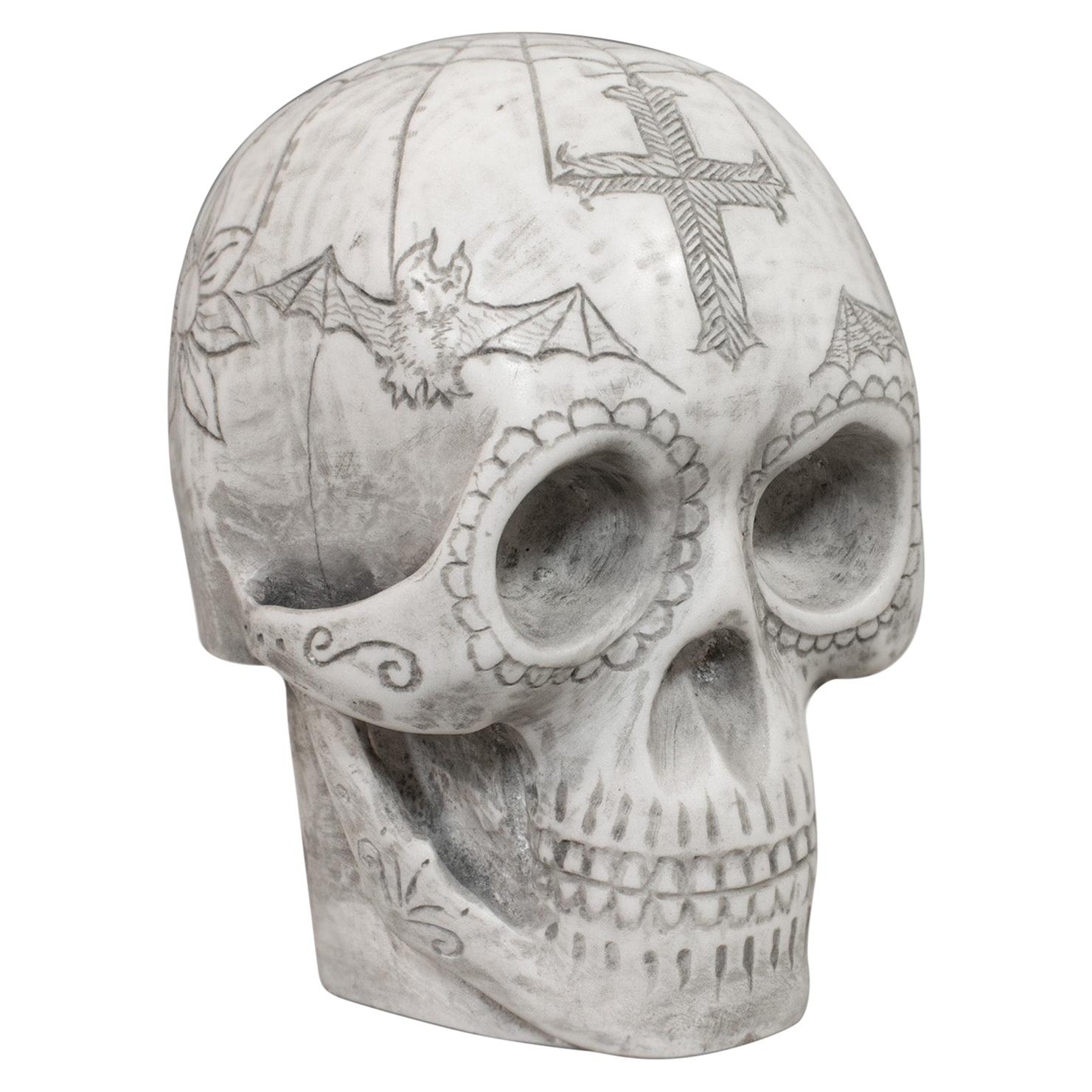 Vintage Crâne décoré à la main:: anglais:: marbre:: ornement:: presse-papier:: D. Hurley