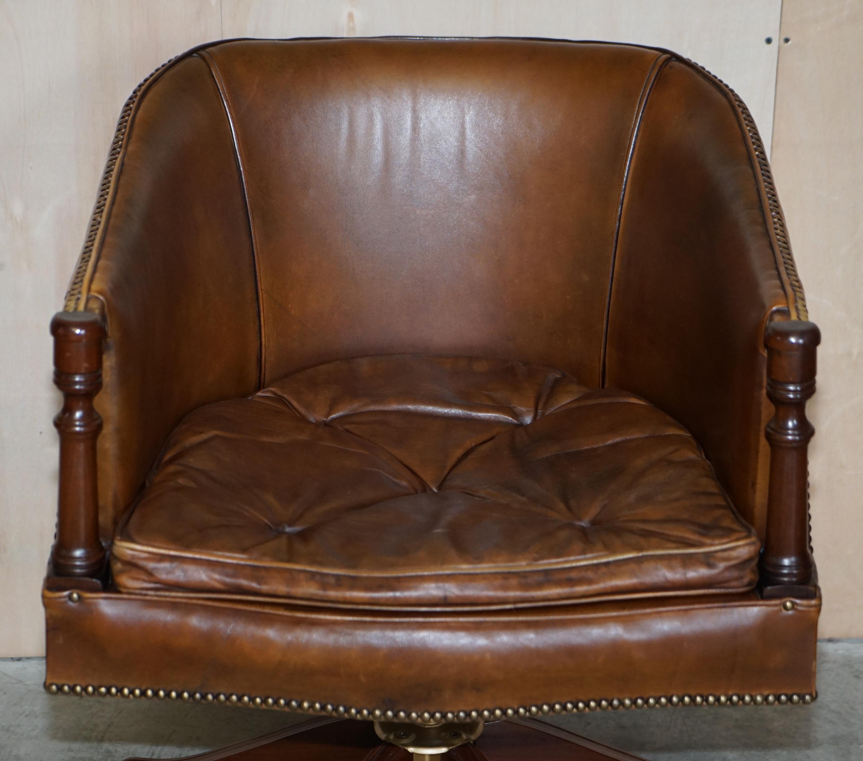 Victorian Vintage Hand Dyed Aged Brown Leather Captains Swivel Armchair Chesterfield Seat For Sale