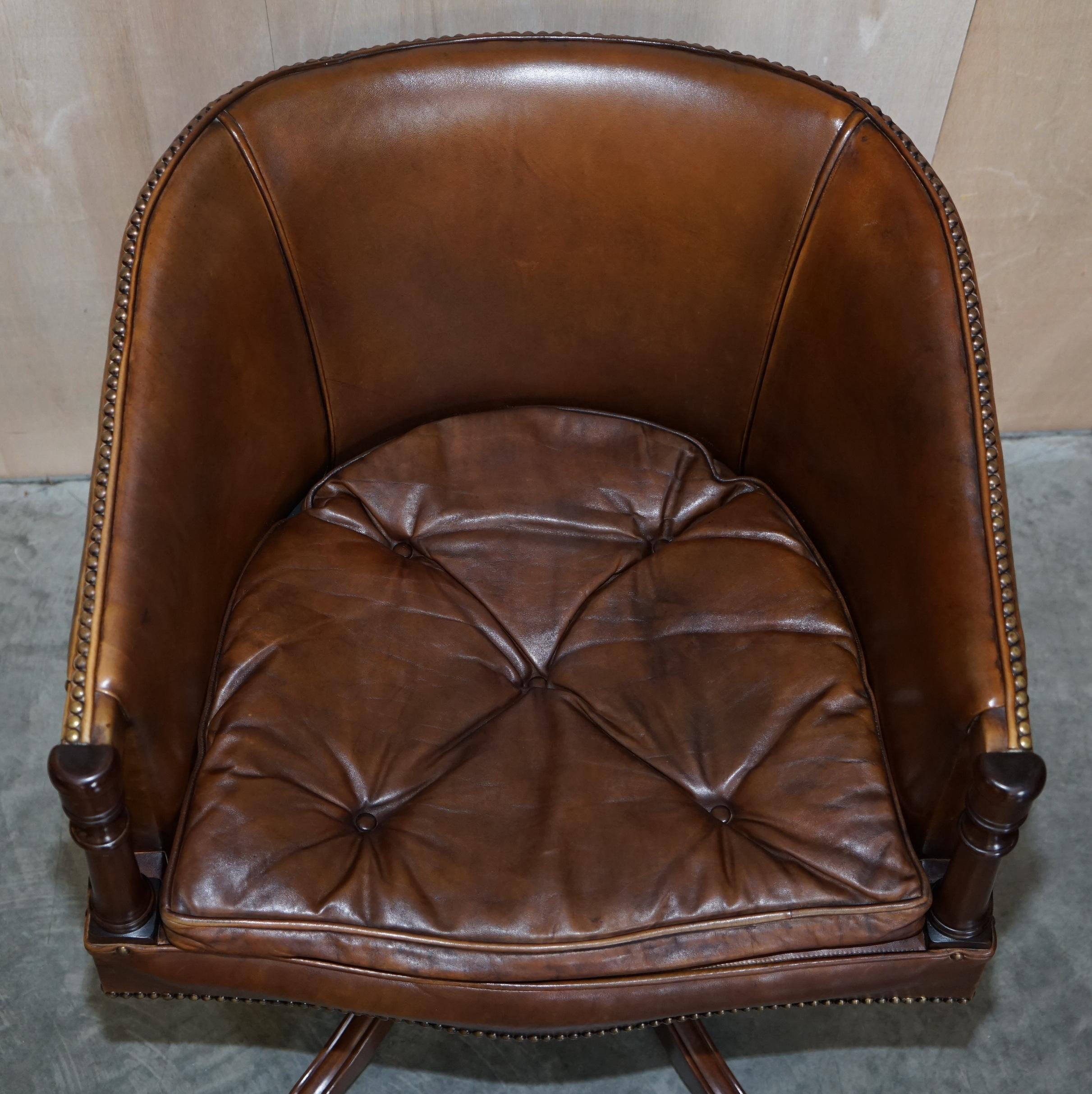 Vintage Hand Dyed Aged Brown Leather Captains Swivel Armchair Chesterfield Seat For Sale 1