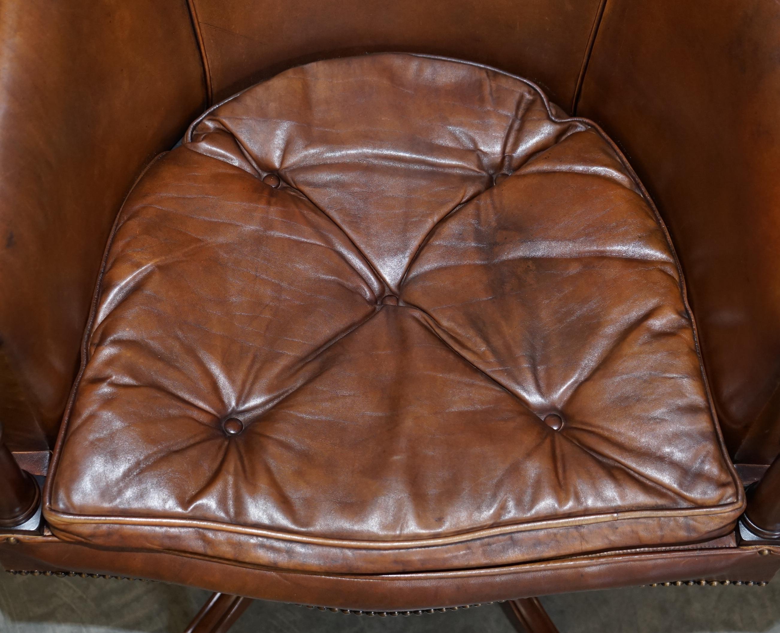Vintage Hand Dyed Aged Brown Leather Captains Swivel Armchair Chesterfield Seat For Sale 2
