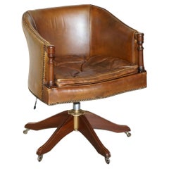 Used Hand Dyed Aged Brown Leather Captains Swivel Armchair Chesterfield Seat
