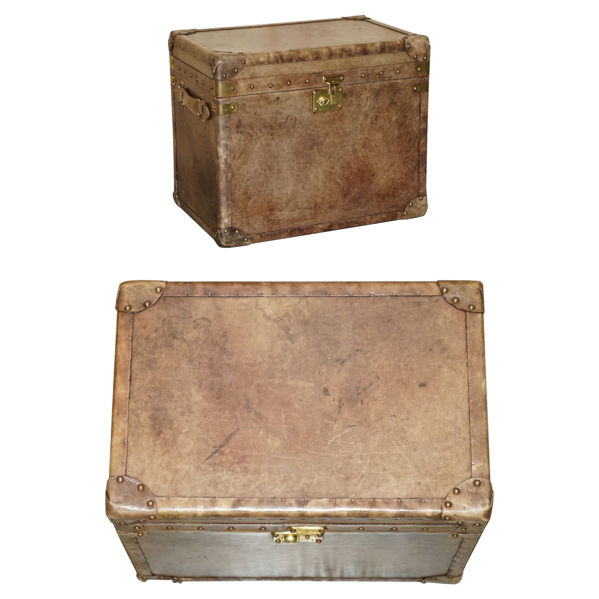 ViNTAGE HAND DYED AGED BROWN LEATHER STEAMER COFFEE SIDE END TABLE TRUNK CHEST
