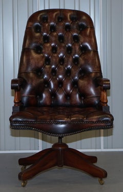 Vintage Hand Dyed Brown Leather Chesterfield Office Directors Captains Chair