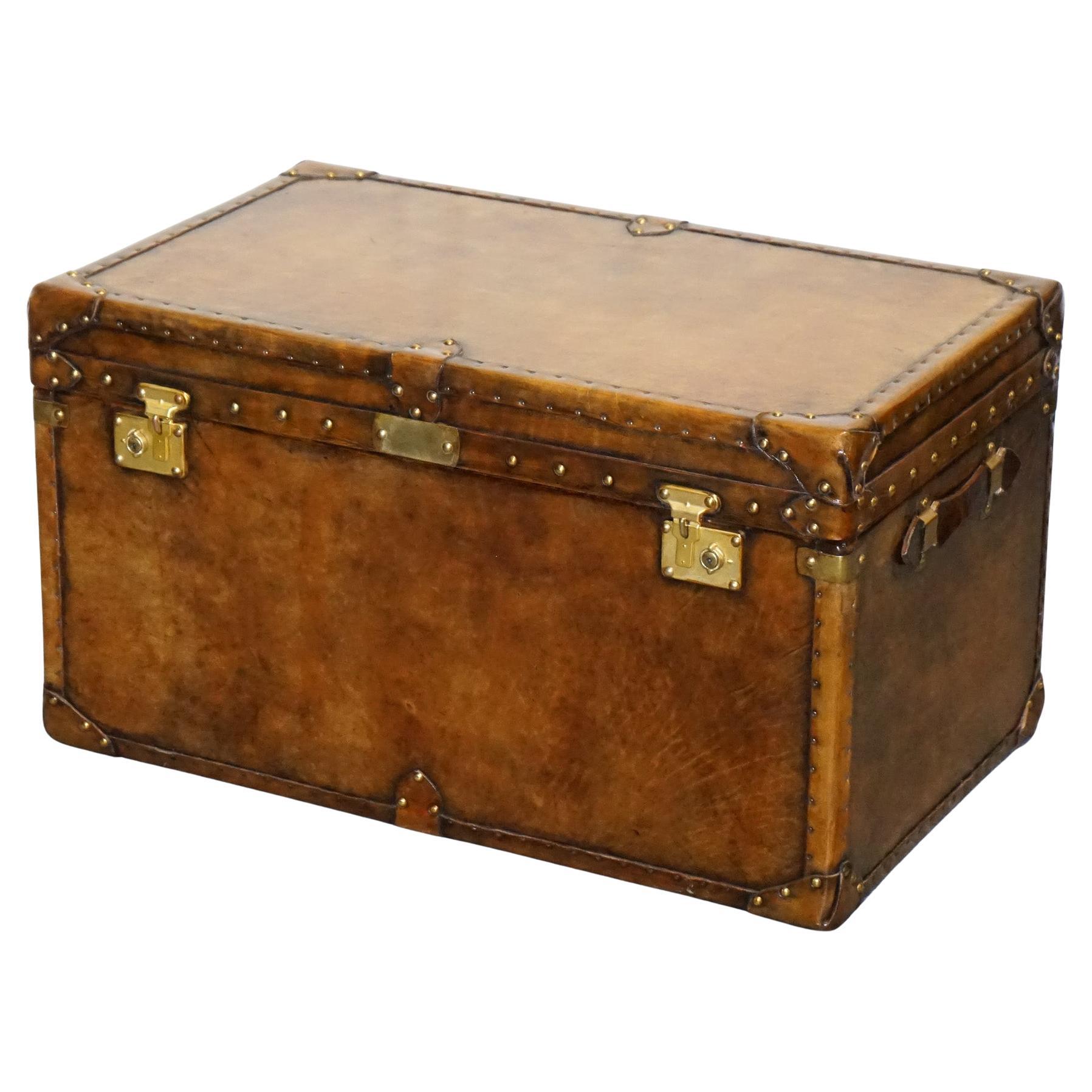 VINTAGE CUIR MARRON teint à la main STOCKAGE VERROUILLABLE TABLE DE CAFE SiDE TRUNK