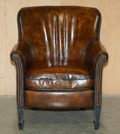 VINTAGE HAND DYED CIGAR BROWN LEATHER TUB CLUB ARMCHAiR HAND STUDDED UPHOLSTERY