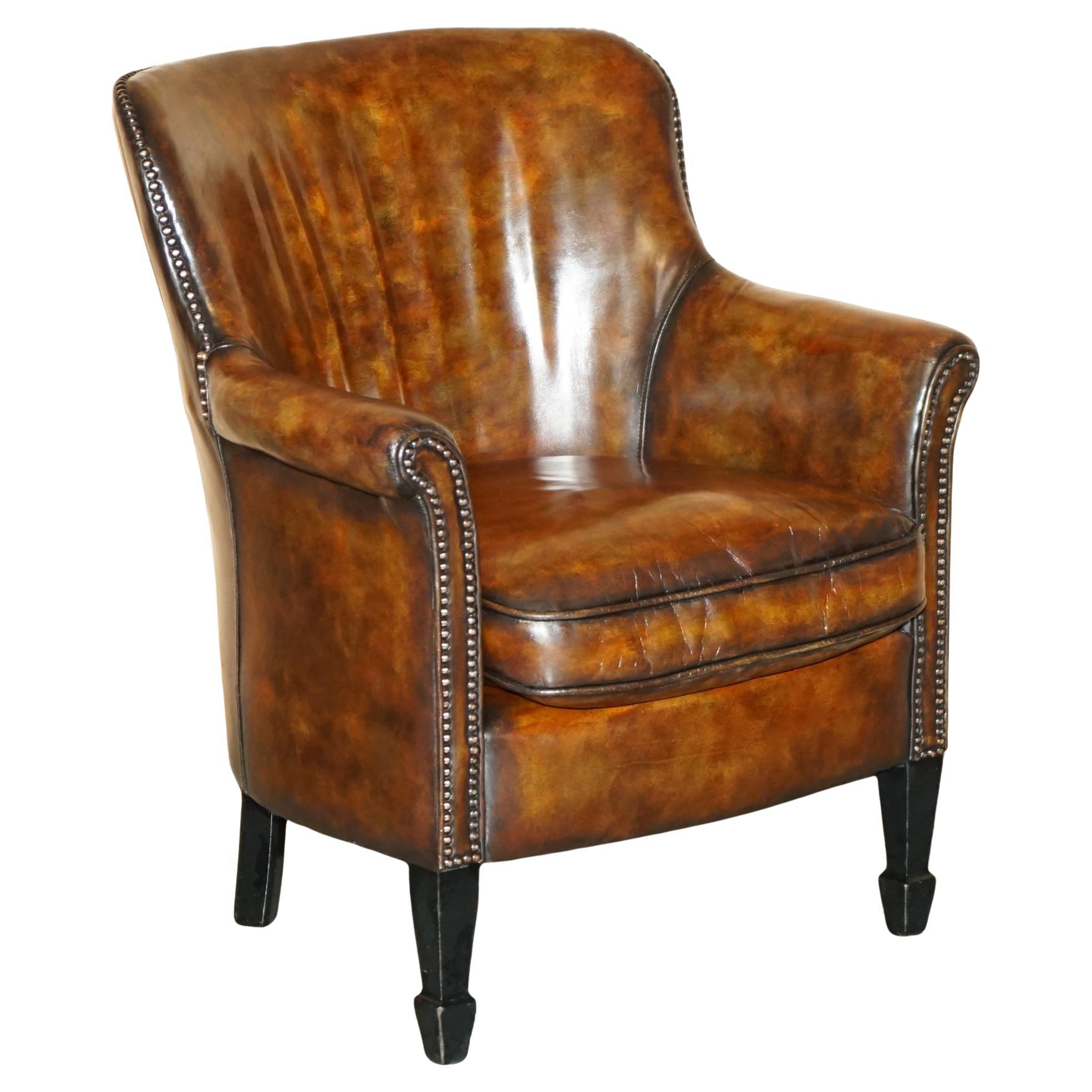VINTAGE CIGAR CIGAR MARRON CUIR TUB CLUB ARMCHAiR HAND STUDDED UPHOLSTERY