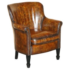 VINTAGE CIGAR CIGAR MARRON CUIR TUB CLUB ARMCHAiR HAND STUDDED UPHOLSTERY