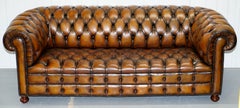 Vintage Hand Dyed Fully Restored Whisky Brown Pleated Leather Chesterfield Sofa
