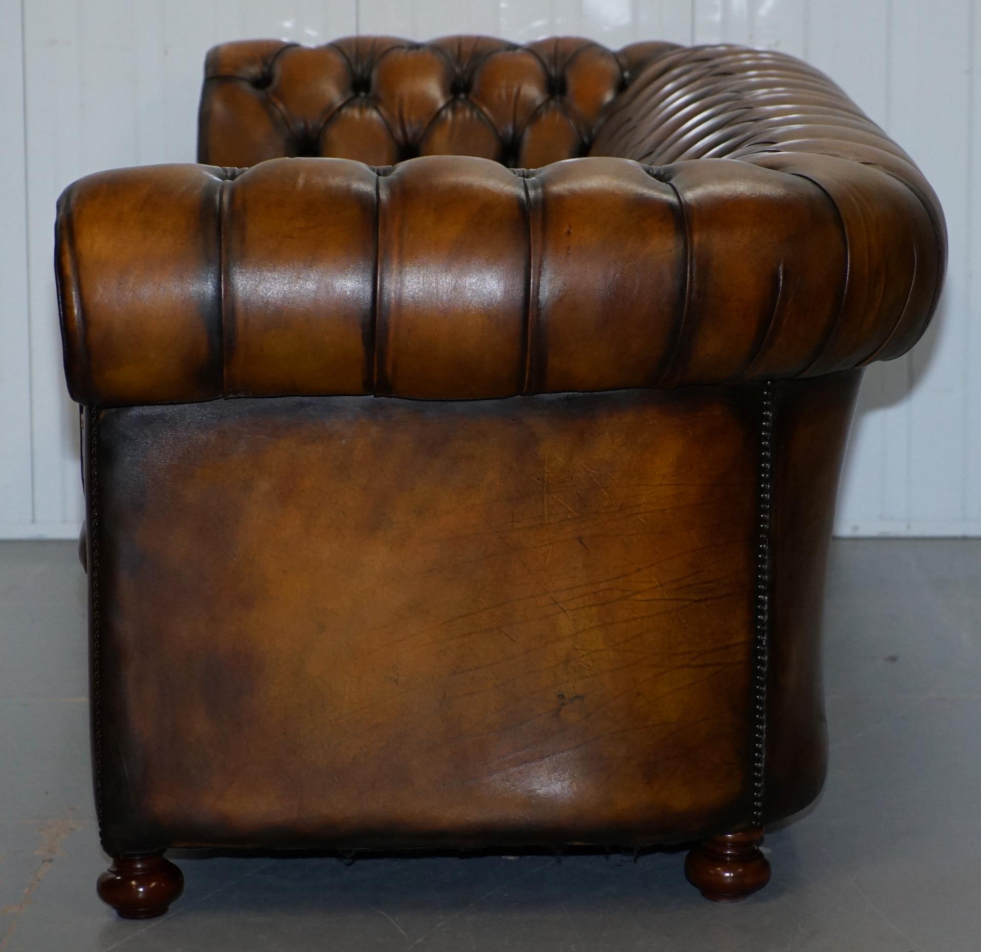 Vintage Hand Dyed Fully Restored Whisky Brown Pleated Leather Chesterfield Sofa 12