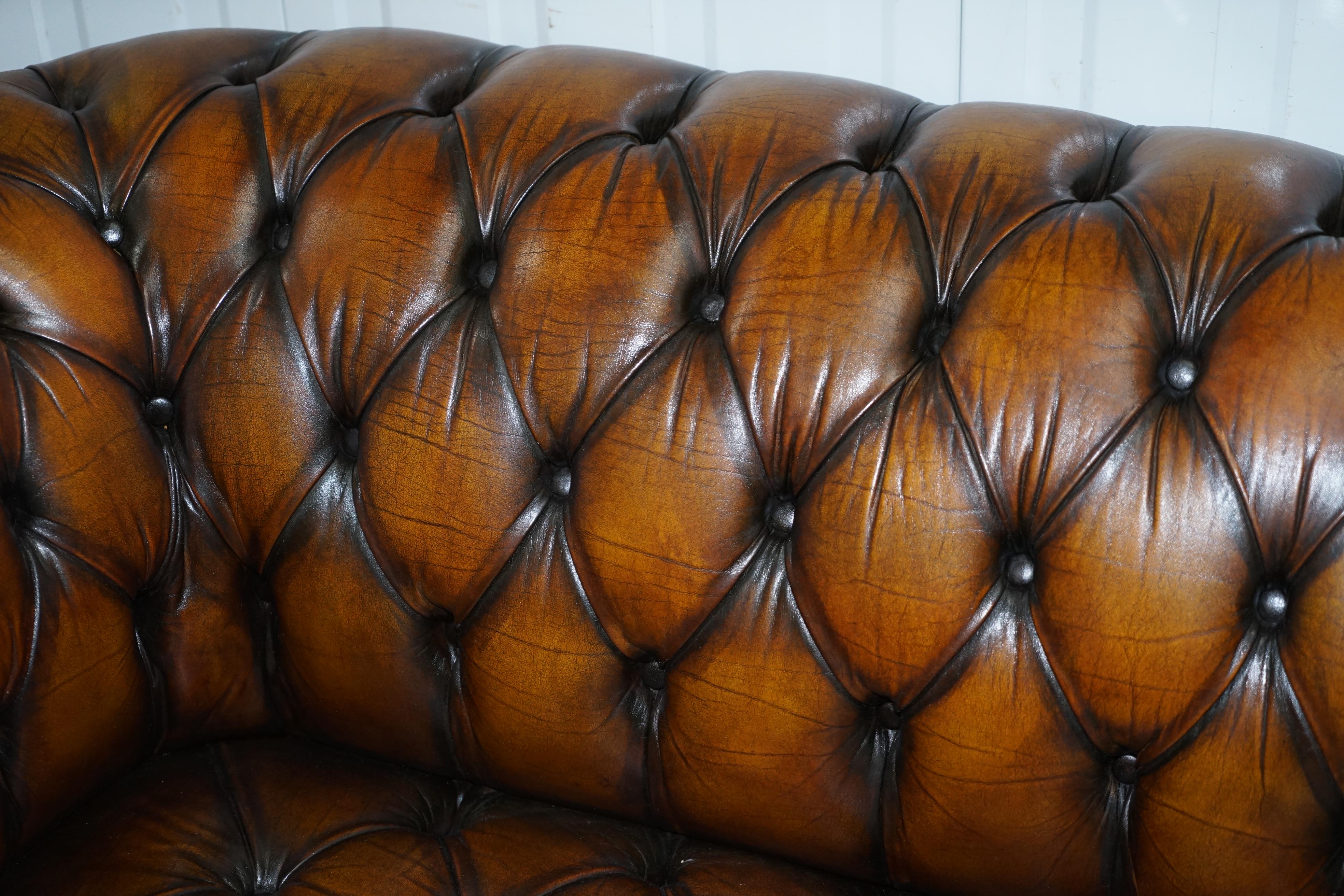 English Vintage Hand Dyed Fully Restored Whisky Brown Pleated Leather Chesterfield Sofa