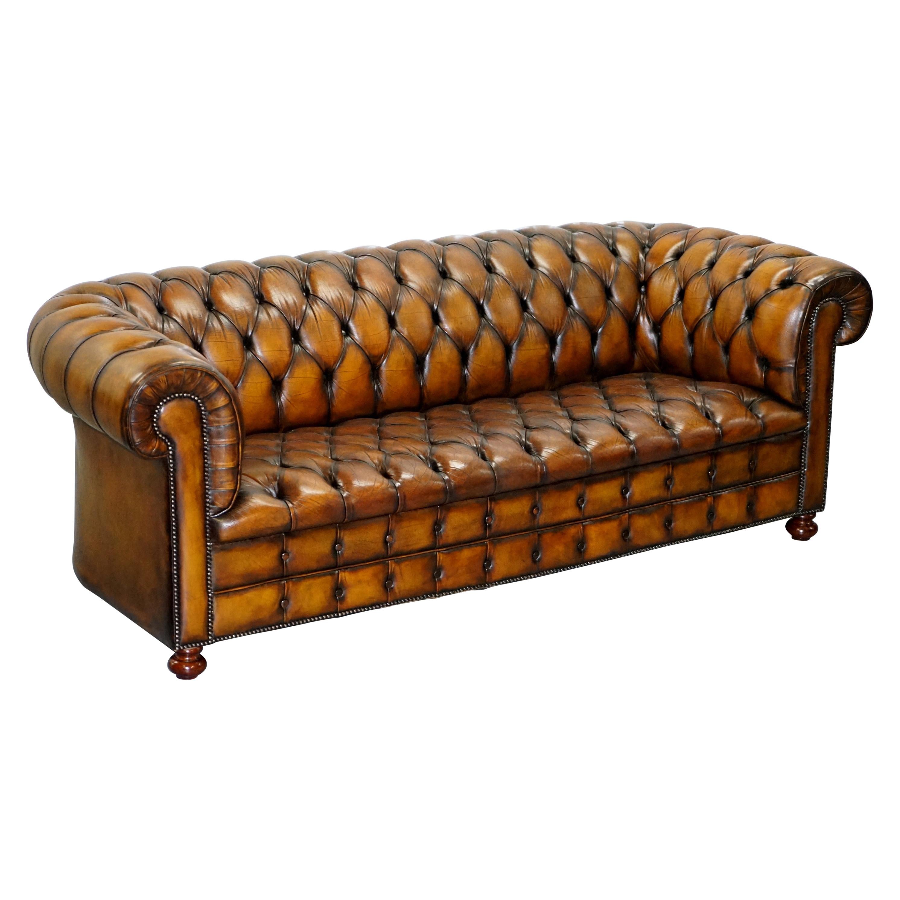Vintage Hand Dyed Fully Restored Whisky Brown Pleated Leather Chesterfield Sofa