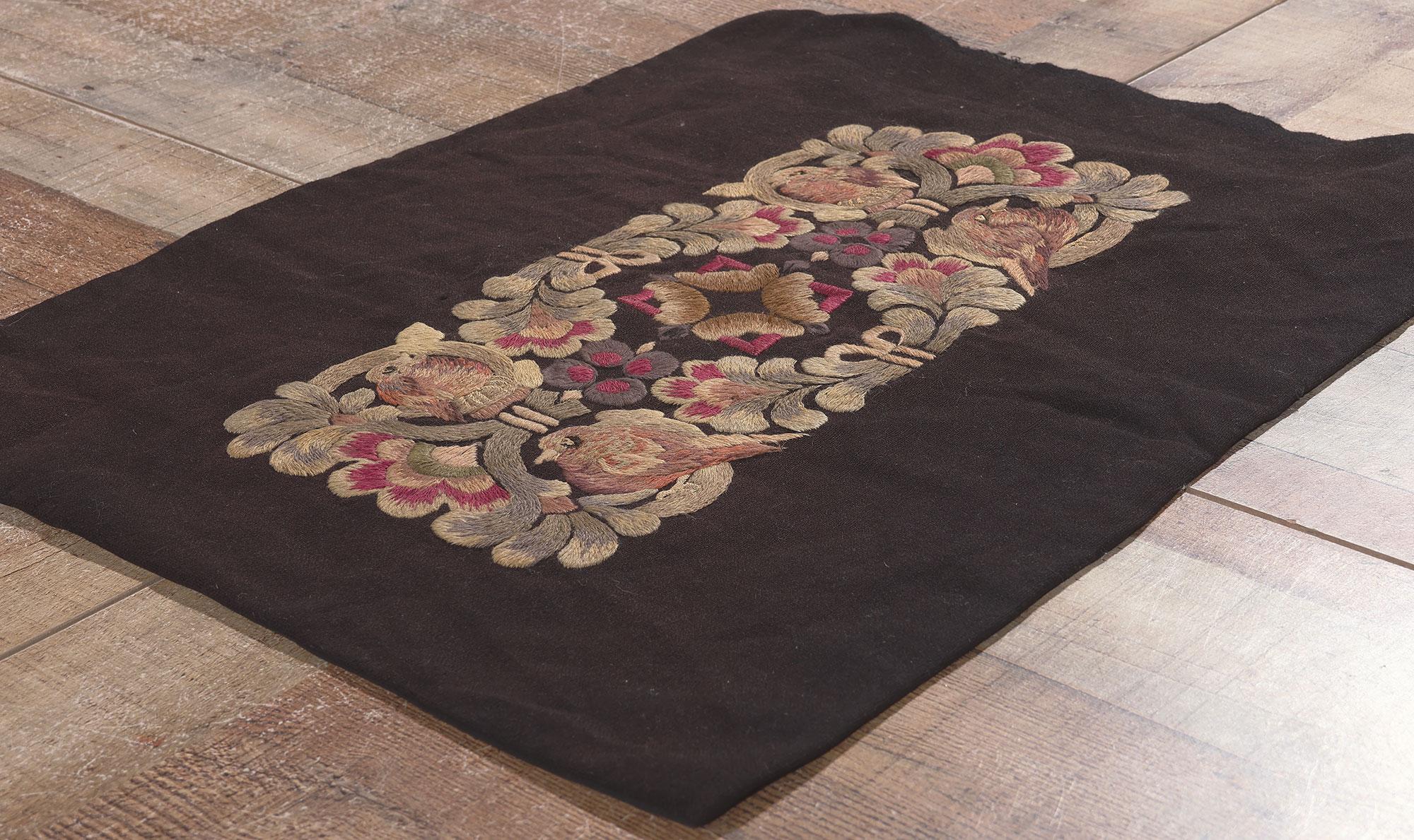 Wool Vintage Hand-Embroidered Birds European Pillow Coverlet For Sale