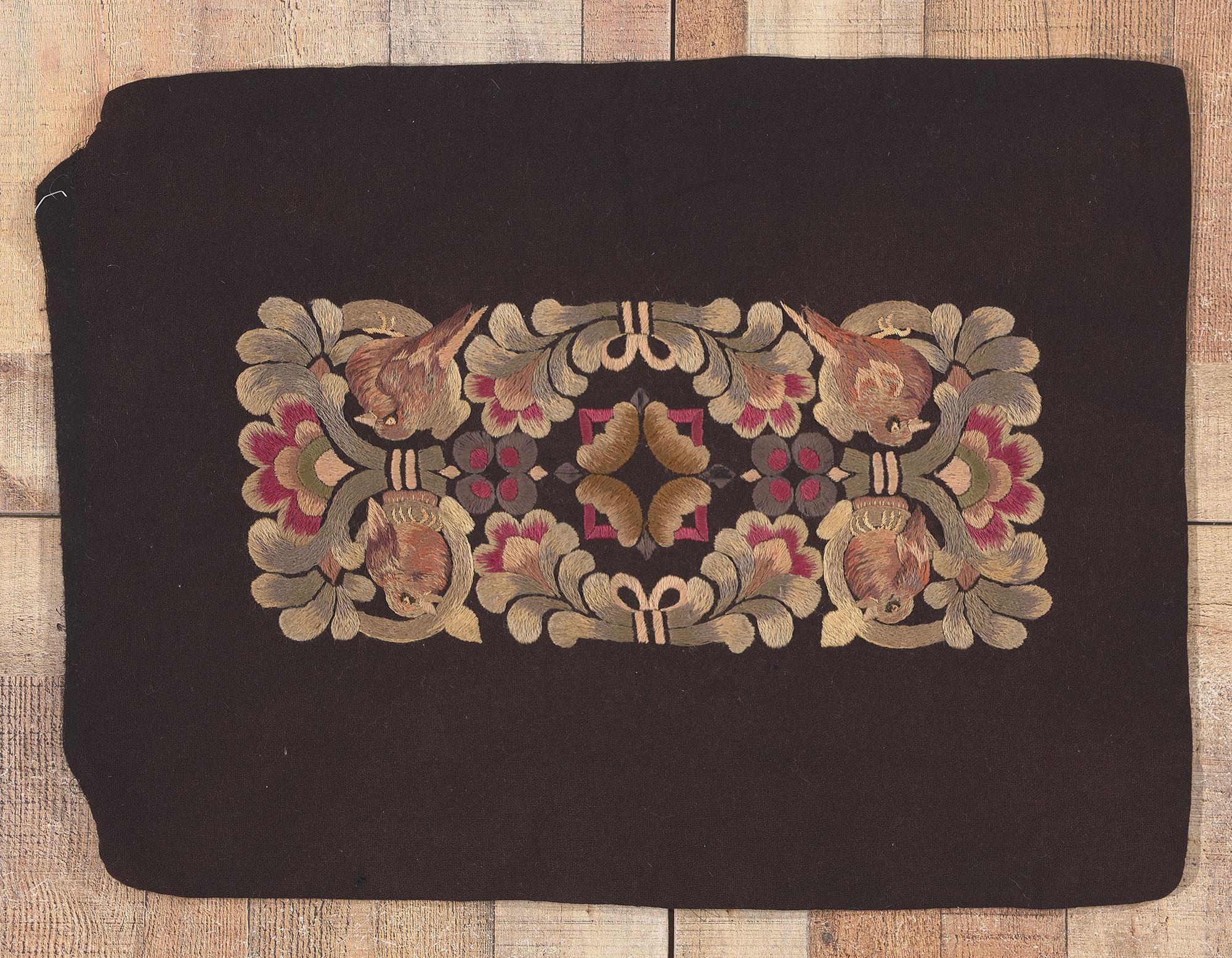 Vintage Hand-Embroidered Birds European Pillow Coverlet For Sale 2