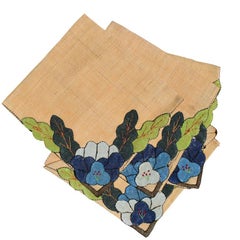 Tovaglioli da cocktail in lino vintage ricamati a mano con motivi floreali blu e verdi