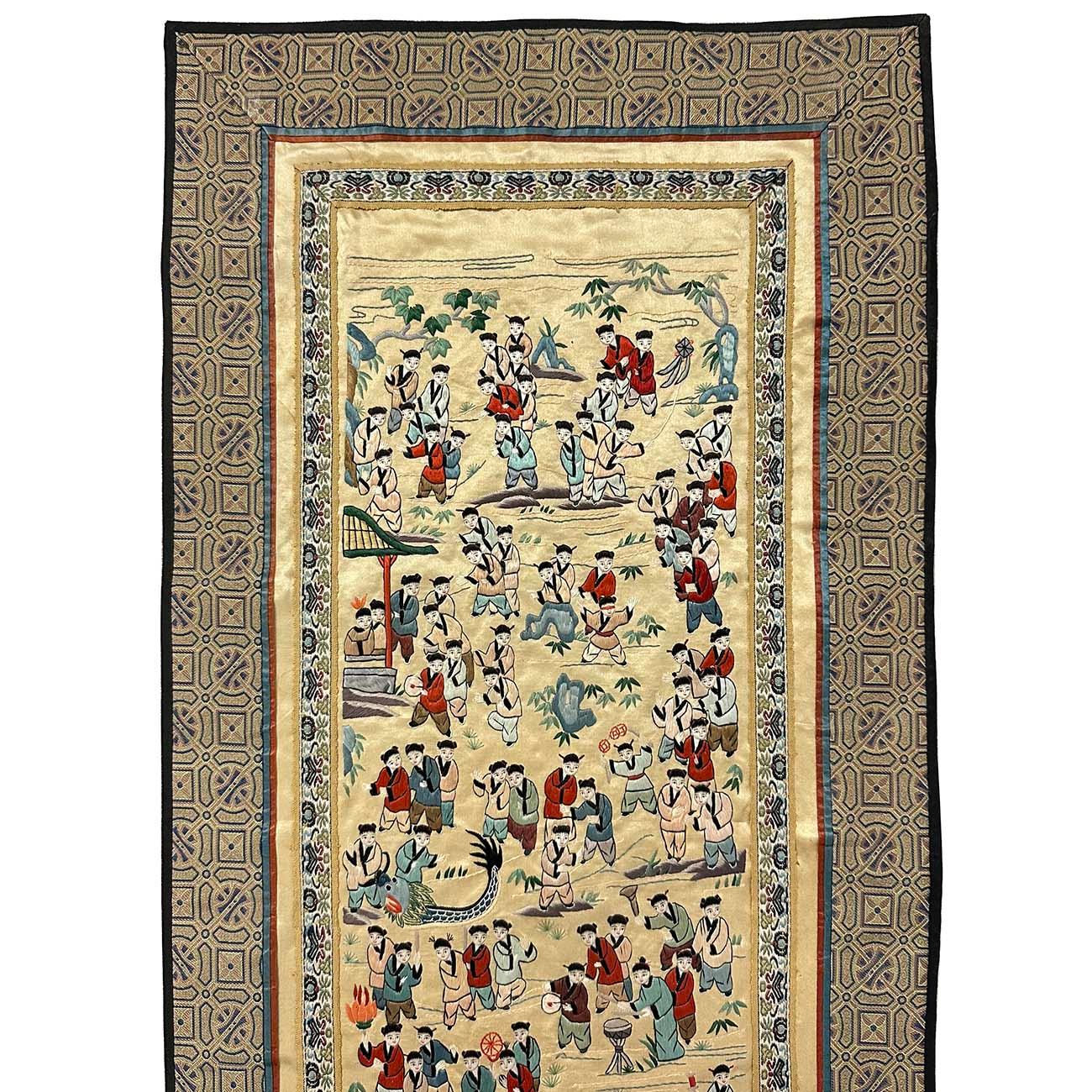 This silk embroidery is a stunning example of the detail and artistry of oriental textile art over 100 years ago. Famously titled, 