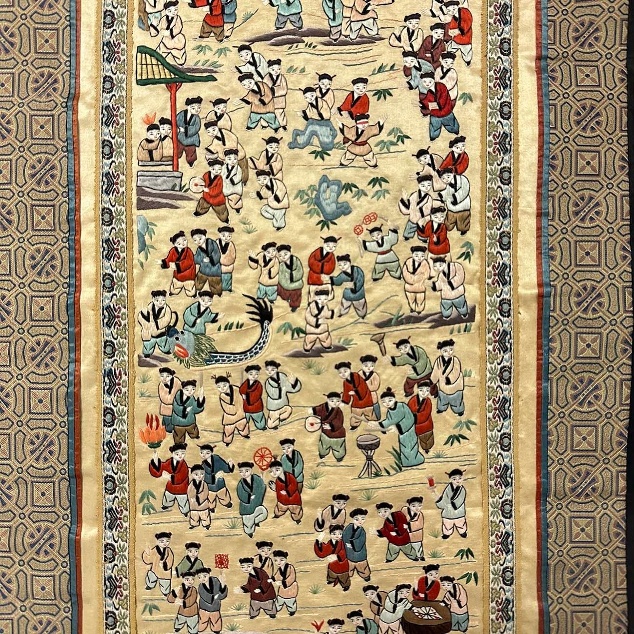 Chinese Export Vintage Hand Embroidered Chinese Silk Tapestry100 Children At Play For Sale