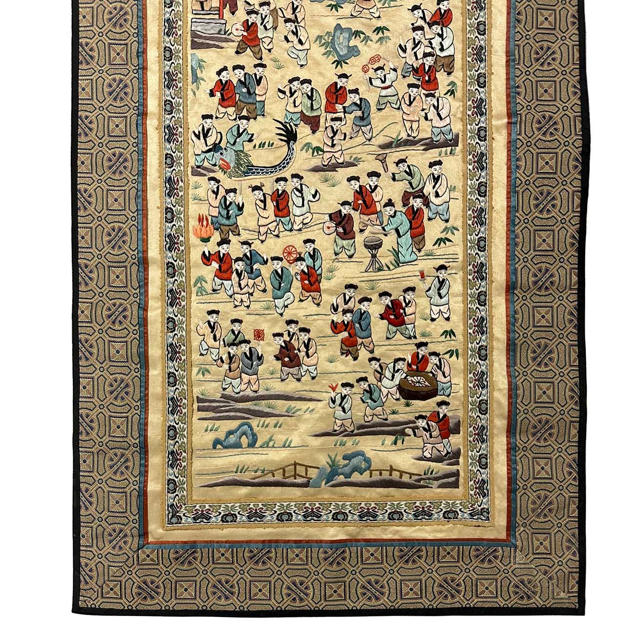 Vintage Hand Embroidered Chinese Silk Tapestry100 Children At Play In Good Condition For Sale In Pomona, CA
