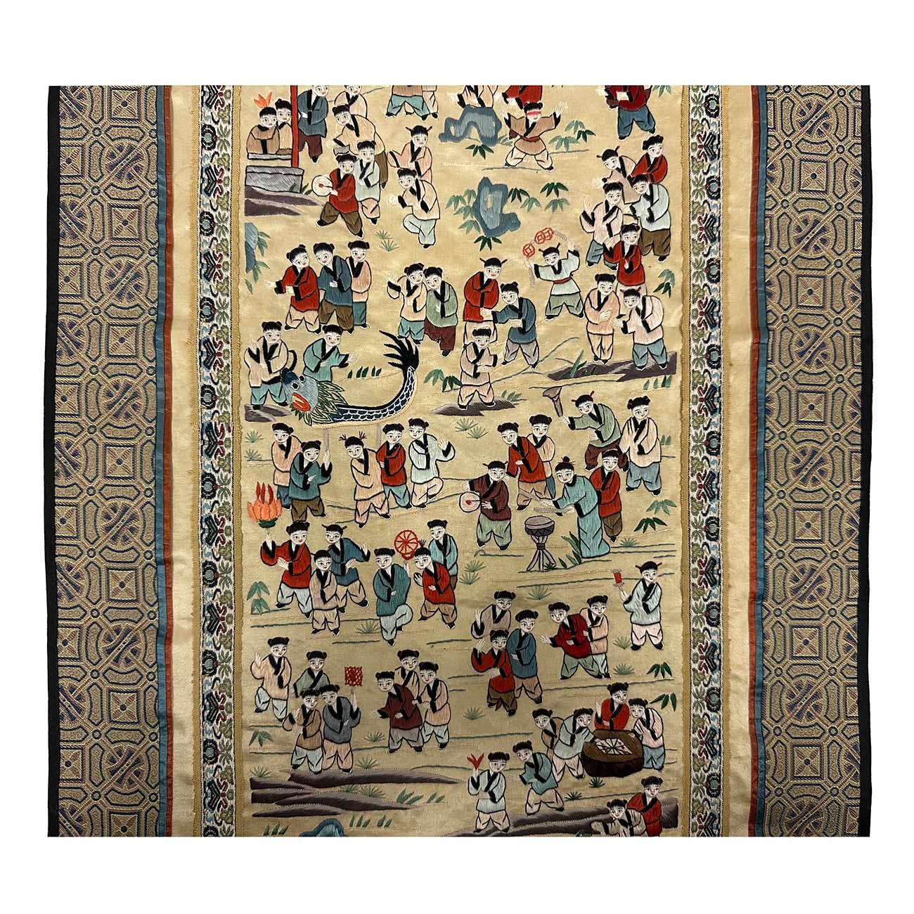 Vintage Hand Embroidered Chinese Silk Tapestry100 Children At Play For Sale 1