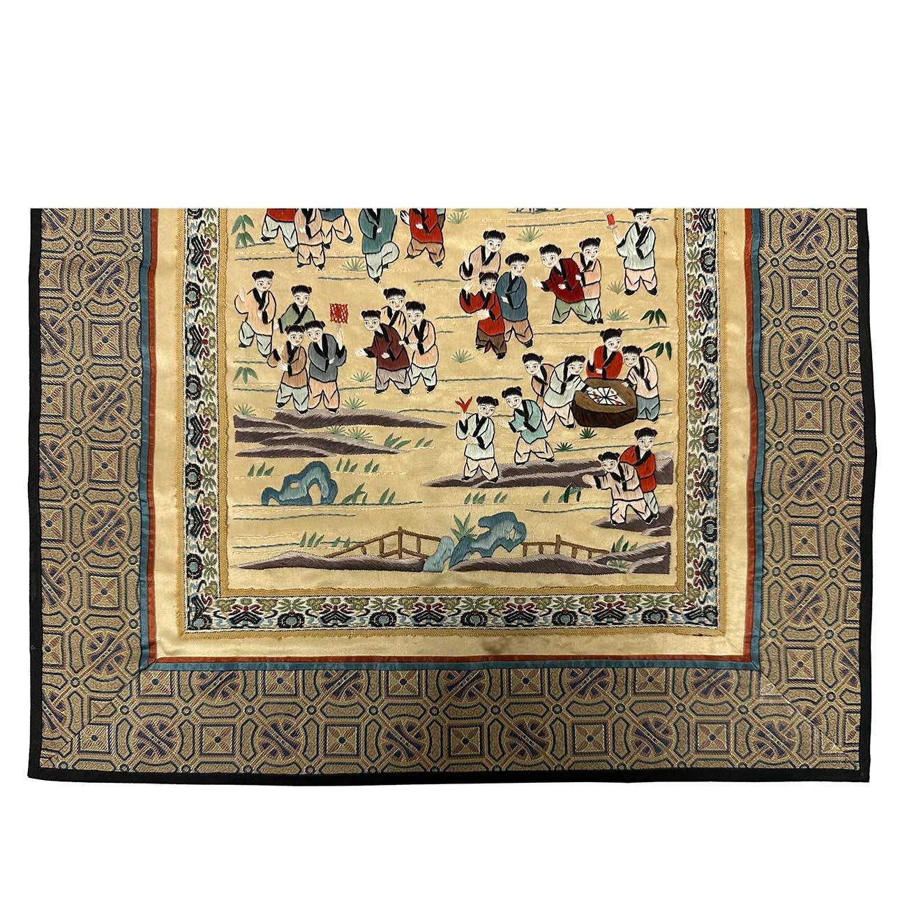 Vintage Hand Embroidered Chinese Silk Tapestry100 Children At Play For Sale 2