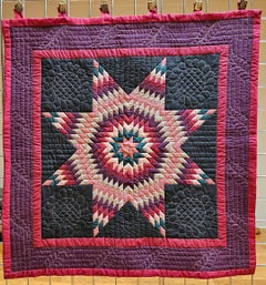 Vintage Hand-Stitched and Hand-Quilted Lone Star Crib Quilt in Purple, Green