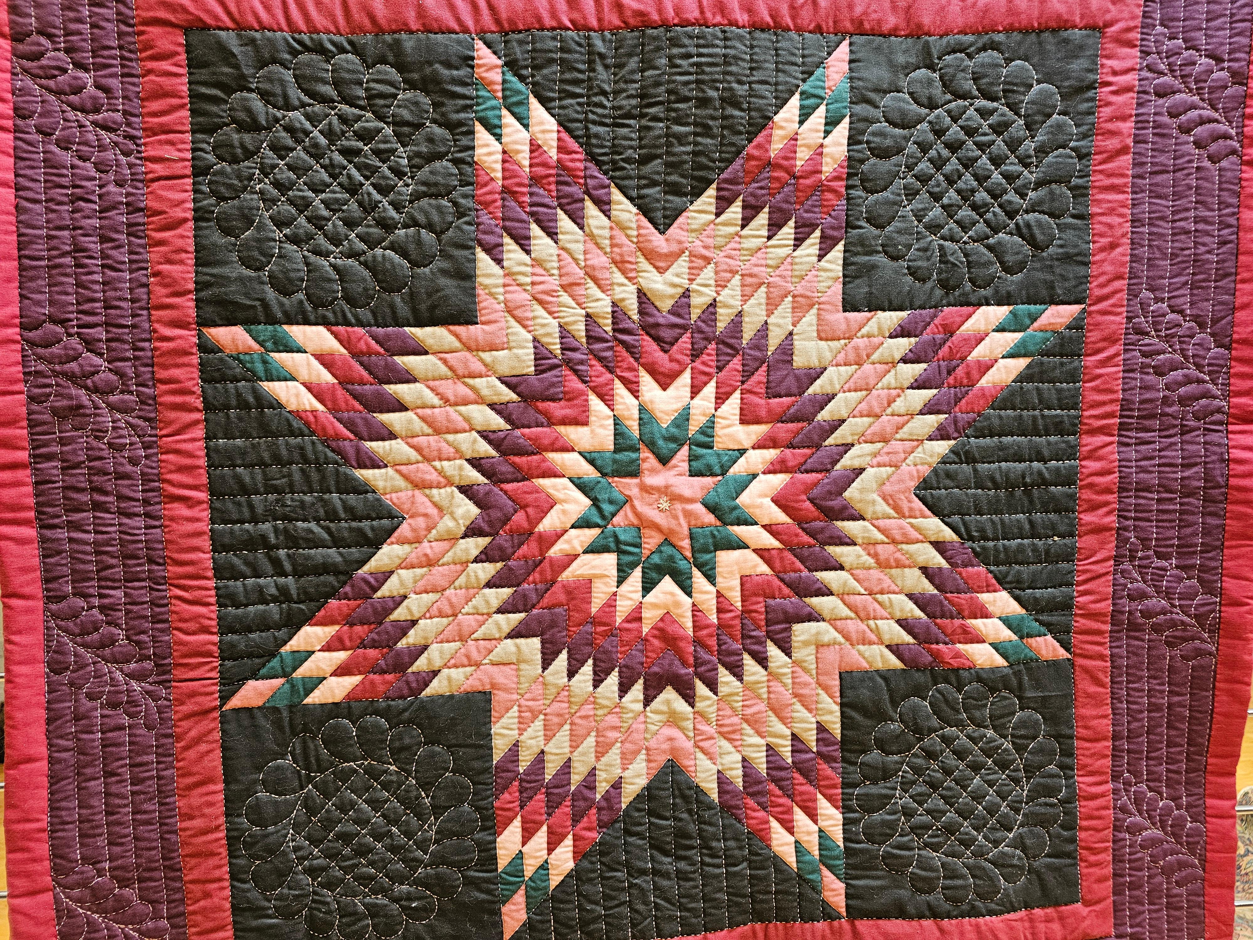 Colcha de cuna Vintage Lone Star en morado y verde, cosida y acolchada a mano Estadounidense en venta