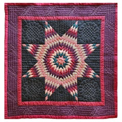 Retro Hand Embroidered Crib Quilt in Lone Star Pattern in Purple, Green, Red