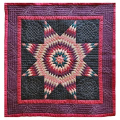 Vintage Hand-Stitched and Hand-Quilted Lone Star Crib Quilt in Purple, Green