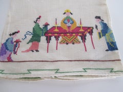 Vintage Hand Embroidered Guest Towel Depicting Asian Tea Ceremony
