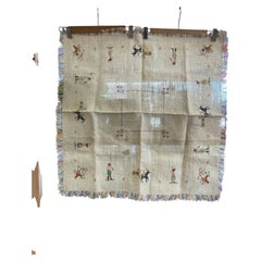 Vintage Hand-Embroidered Linen Tablecloth with Figural Motif and Fringe Border