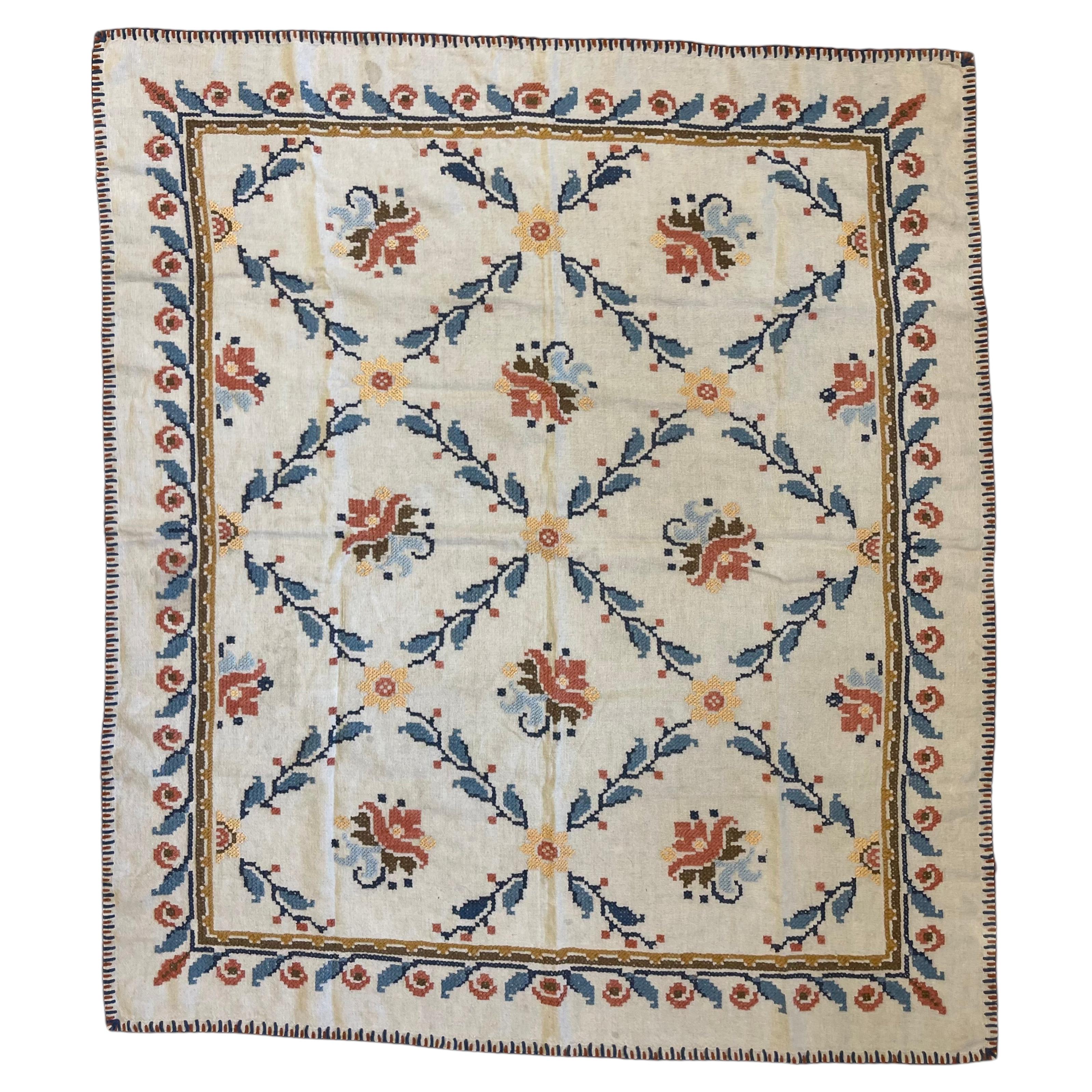 Vintage Hand-Embroidered Possibly Wool and Linen Floral Folk Art Rug