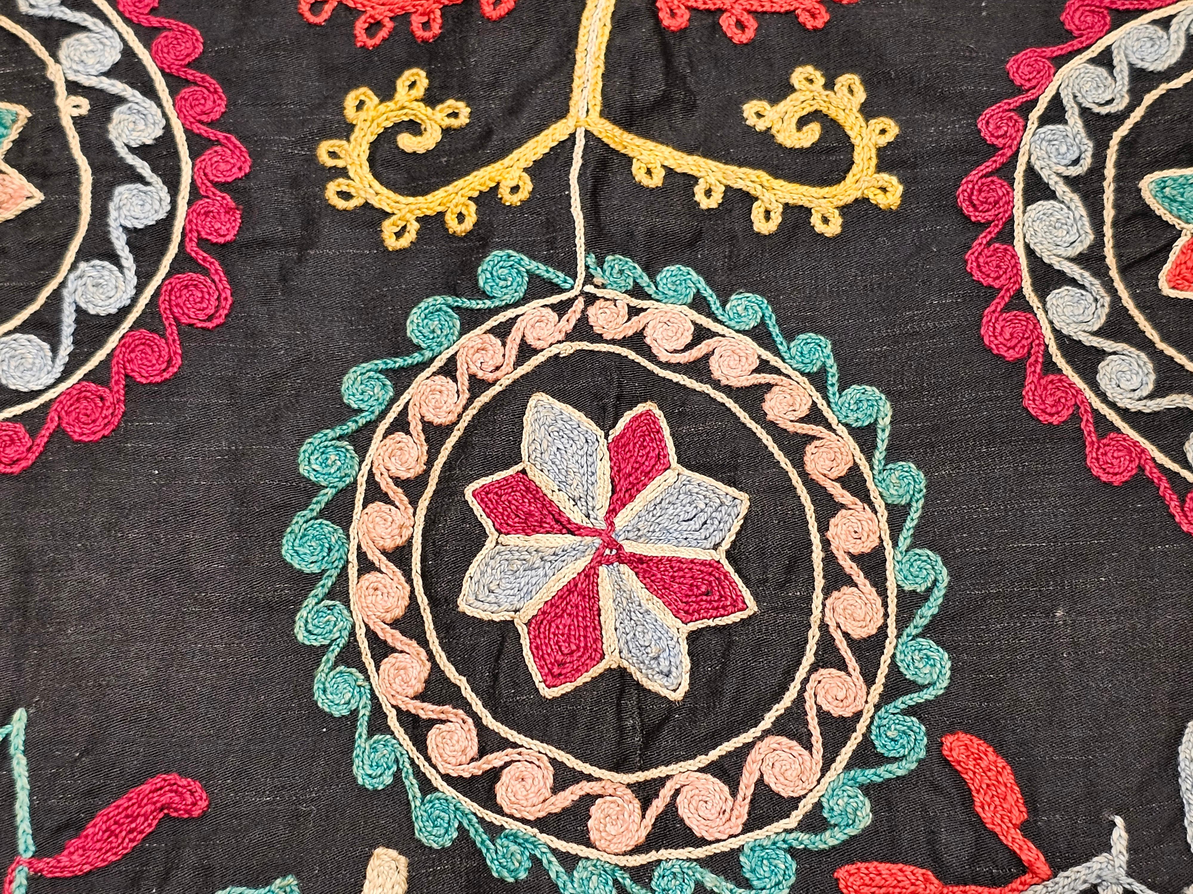 Vintage Hand Embroidered Uzbek Silk Suzani in Black, Red, Green, Yellow Wall Art For Sale 4