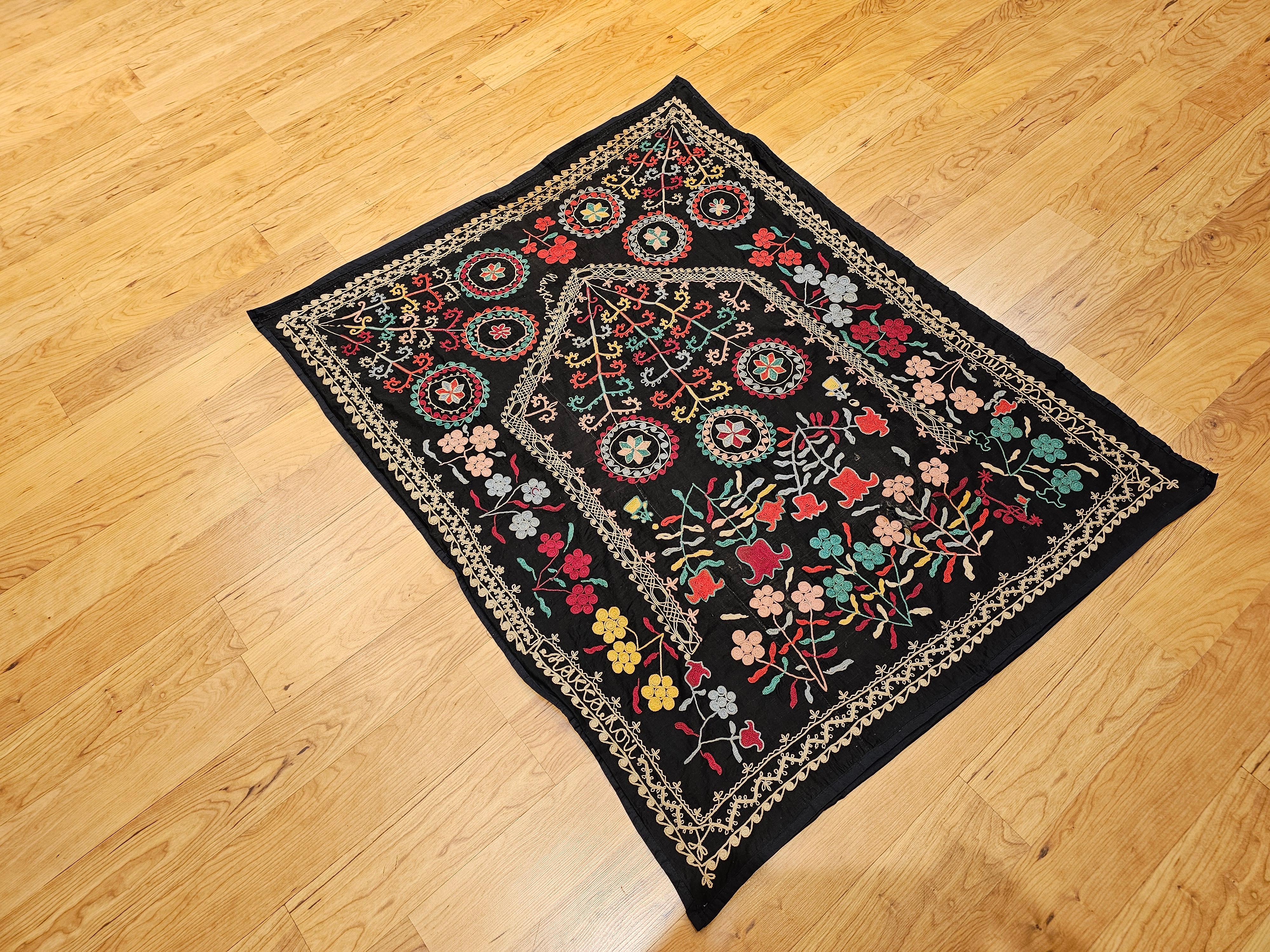 Vintage Hand Embroidered Uzbek Silk Suzani in Black, Red, Green, Yellow Wall Art For Sale 6
