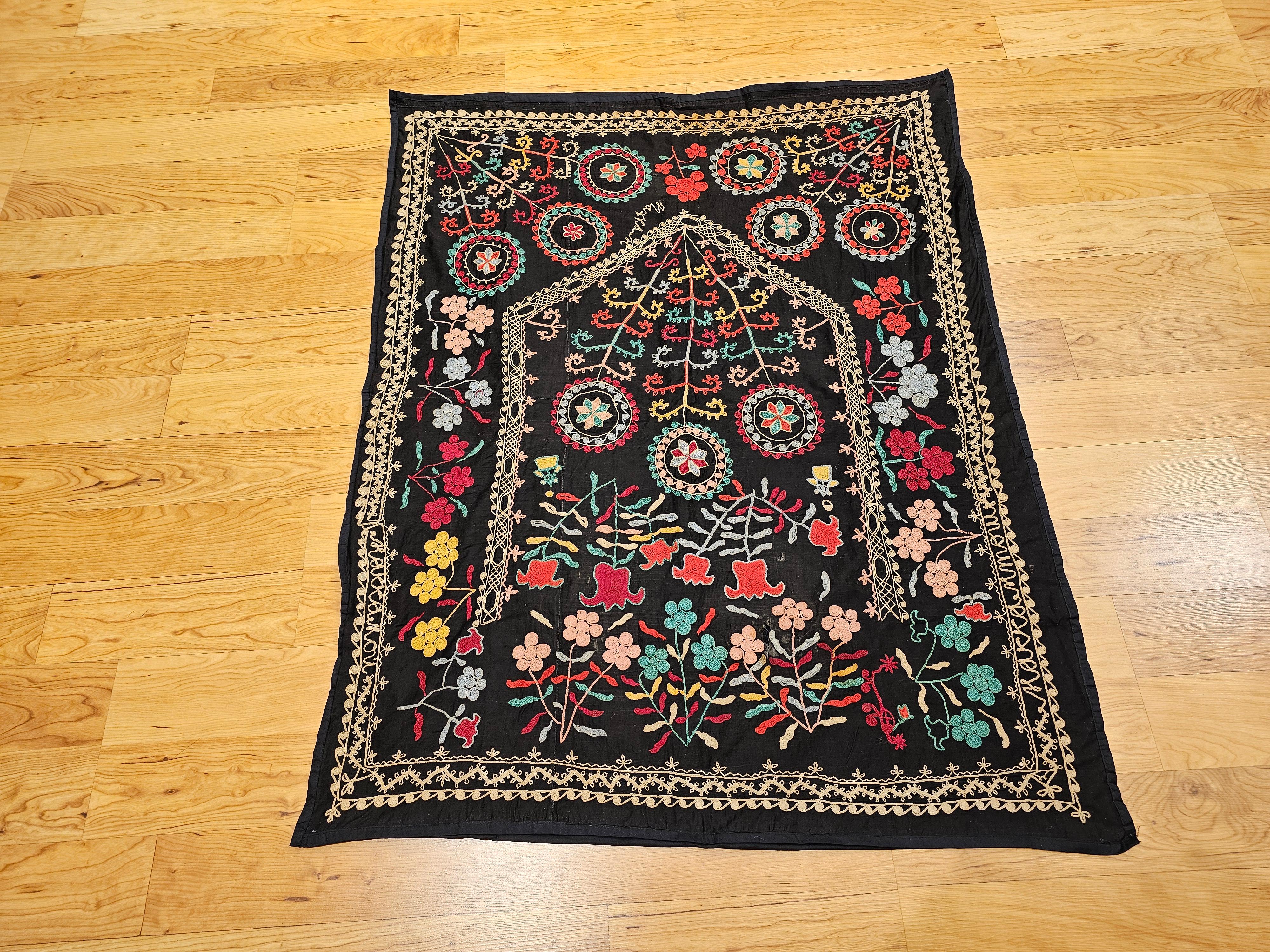 Vintage Hand Embroidered Uzbek Silk Suzani in Black, Red, Green, Yellow Wall Art For Sale 7
