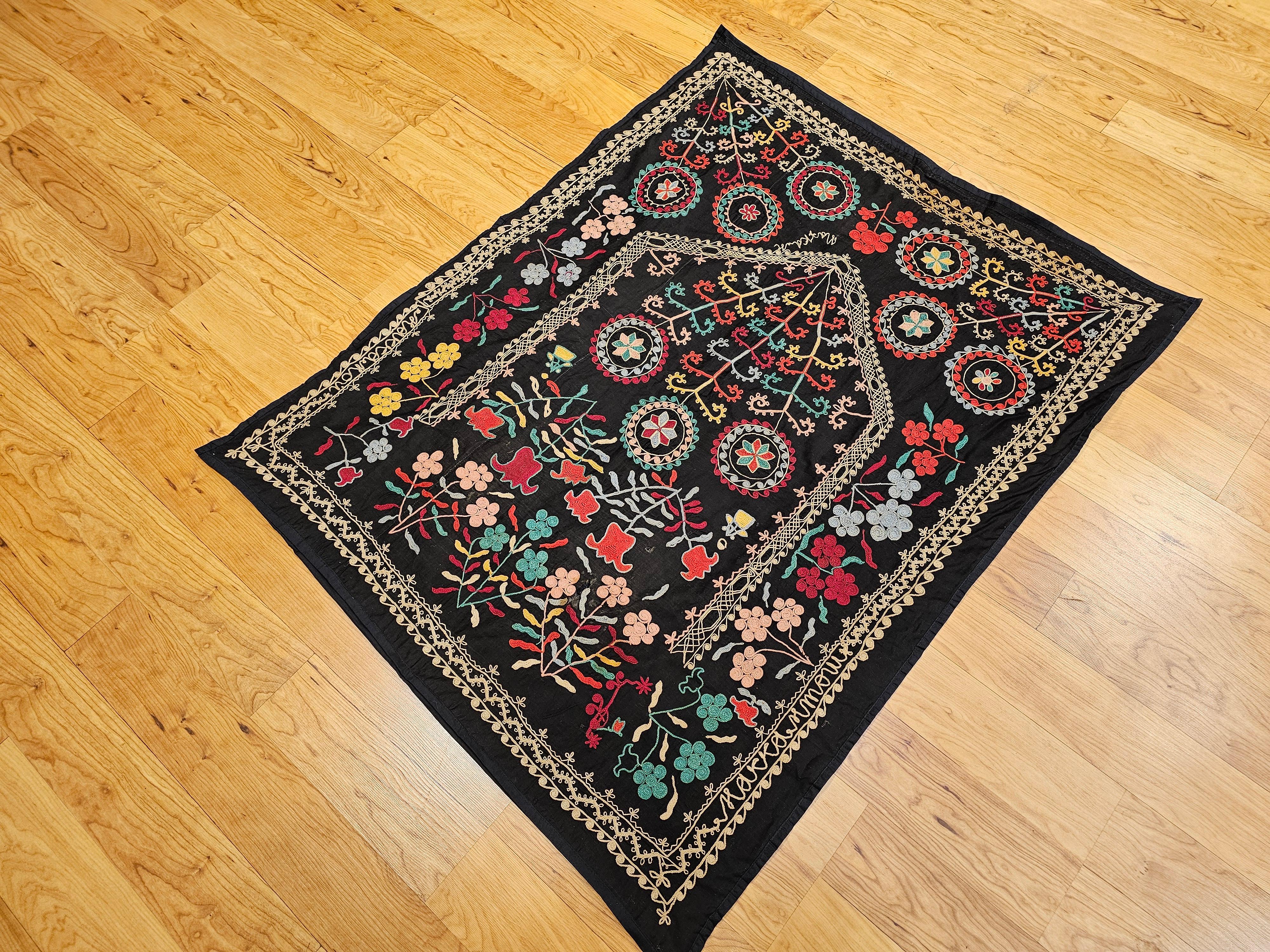 Vintage Hand Embroidered Uzbek Silk Suzani in Black, Red, Green, Yellow Wall Art For Sale 8