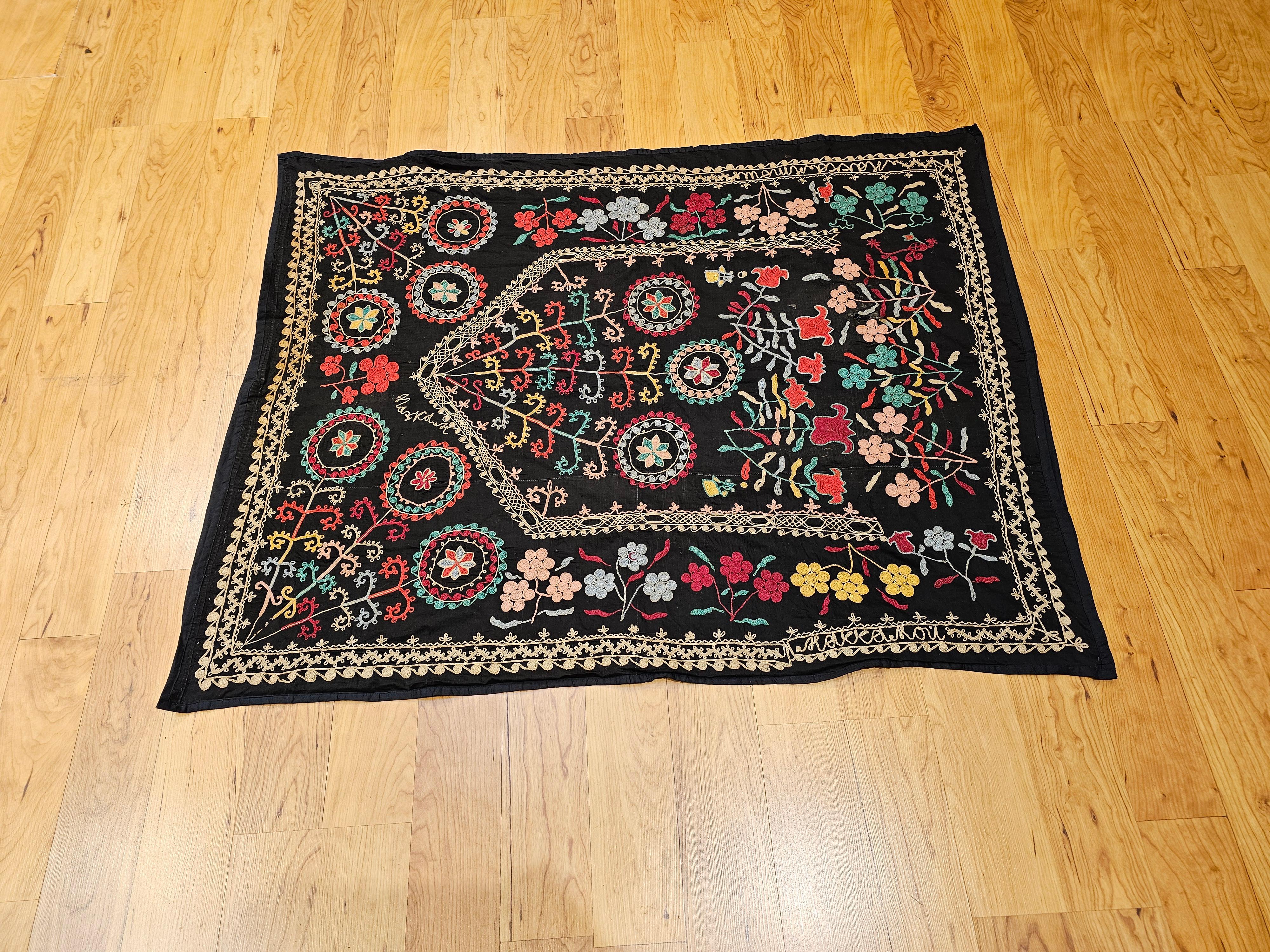 Vintage Hand Embroidered Uzbek Silk Suzani in Black, Red, Green, Yellow Wall Art For Sale 9